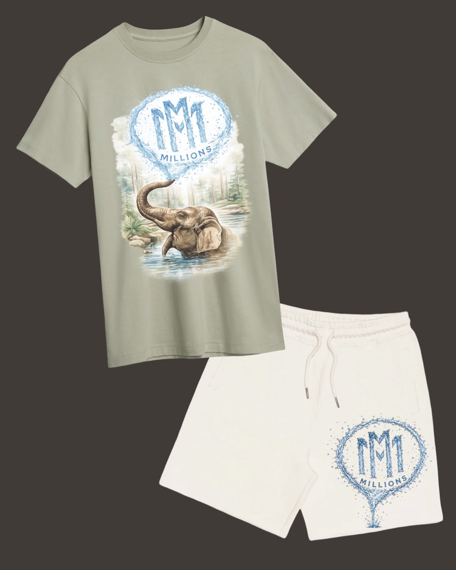 T-shirt with a buffalo and a blue logo reading '1M MILLIONS' on a nature background, paired with white shorts featuring the same logo.