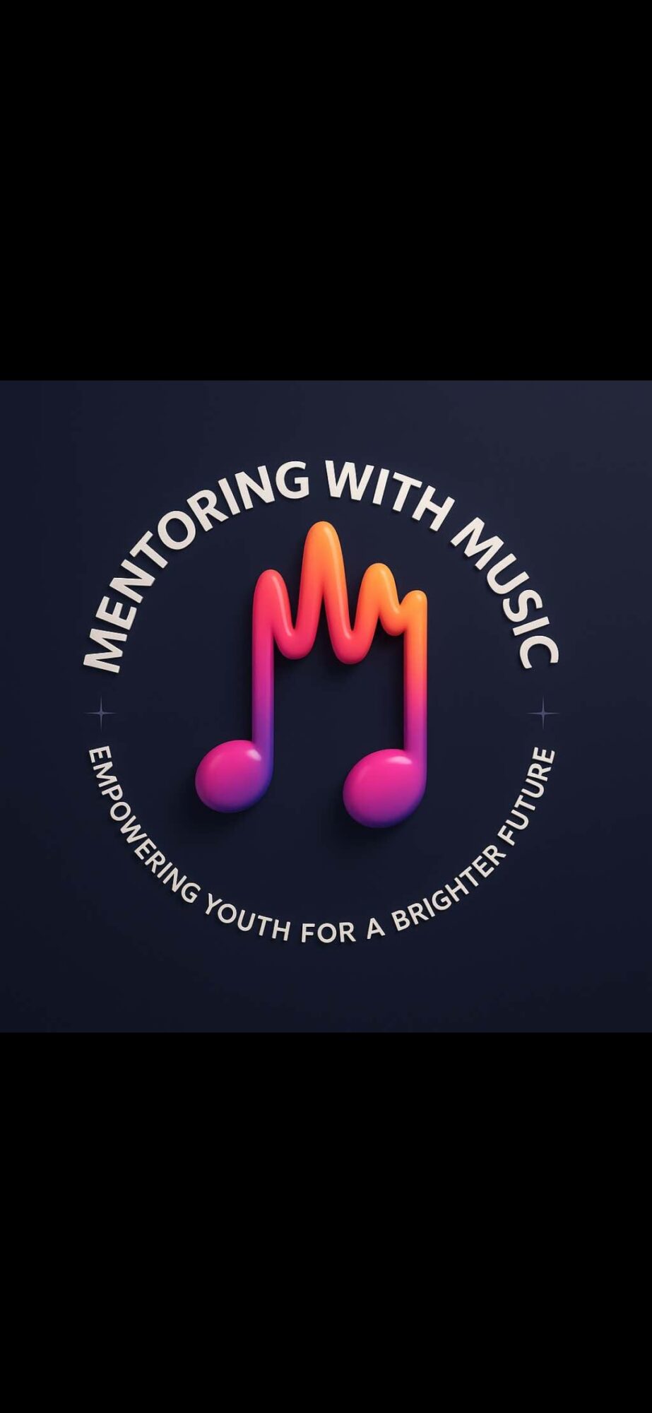 Logo with colorful musical notes and text: 'Mentoring with Music' and 'Empowering youth for a brighter future'.