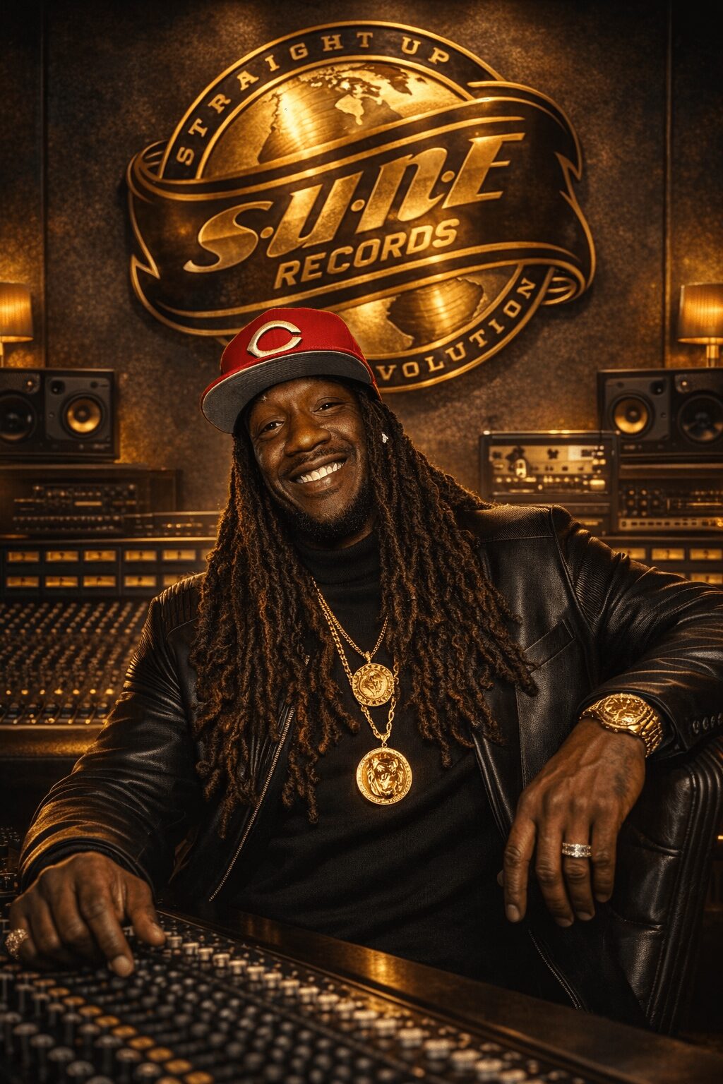 Man with long dreadlocks, wearing a red cap, gold chains, and a black leather jacket, smiling in a recording studio.