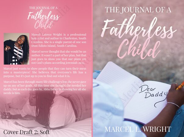 Book cover with pink and gray background, title 'Fatherless Child', handwritten note 'Dear Daddy', and a person's hand holding a pen.
