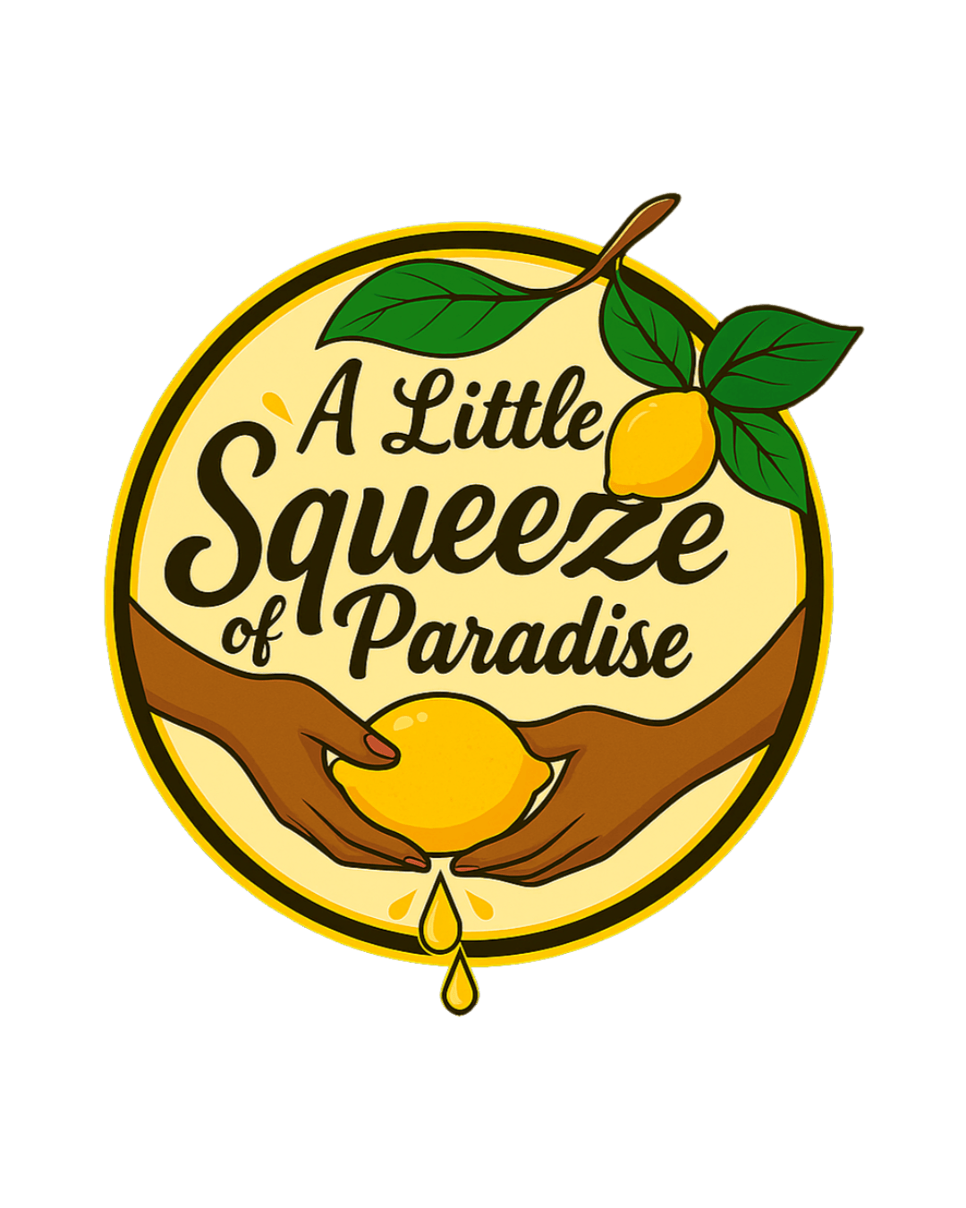 Logo with two hands holding a lemon, surrounded by leaves, with text 'A Little Squeeze of Paradise'.
