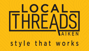Yellow background with black text reading 'Local Threads Aiken' and 'style that works'.