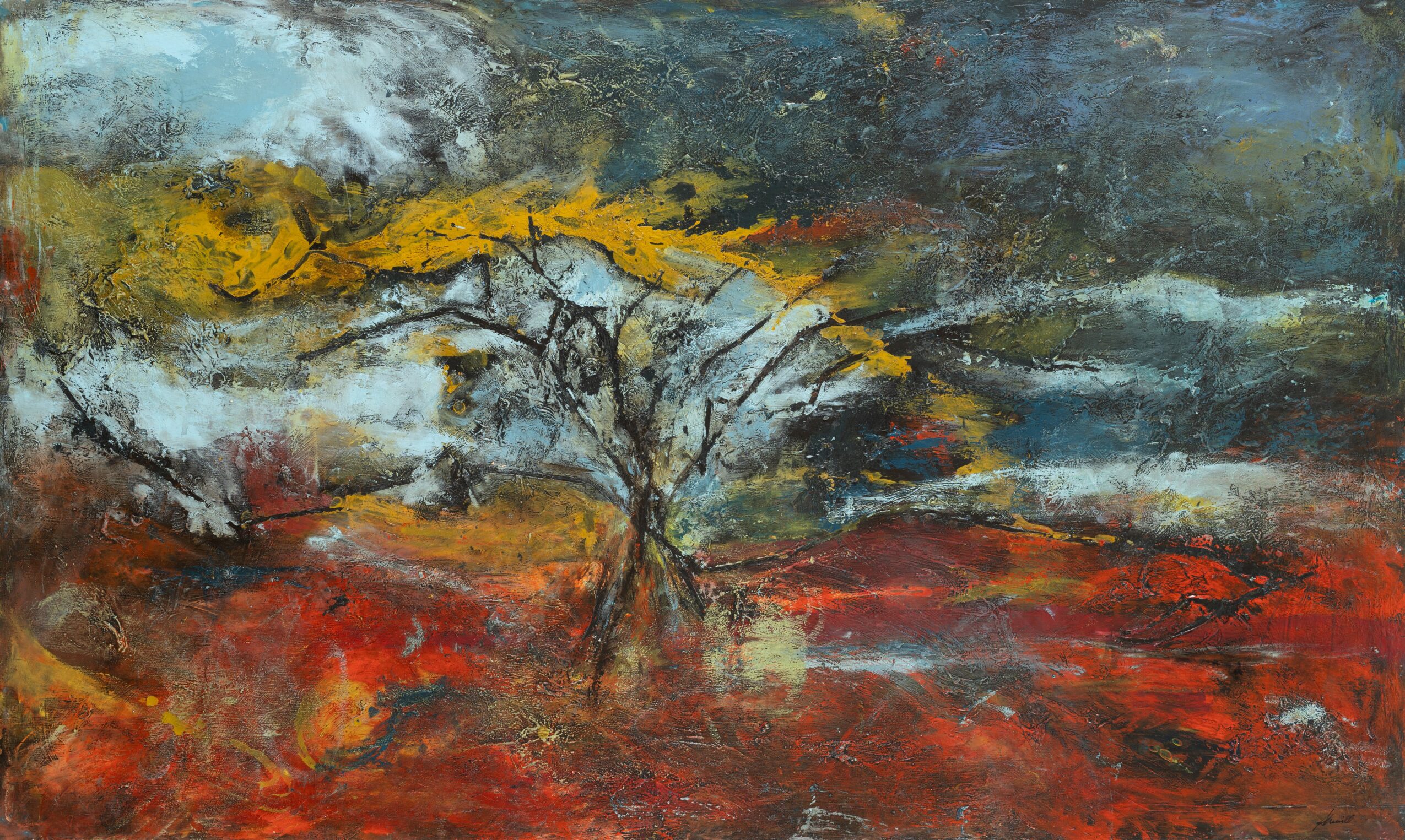 Abstract landscape with a tree, yellow leaves, and a mix of dark, red, and blue colors.