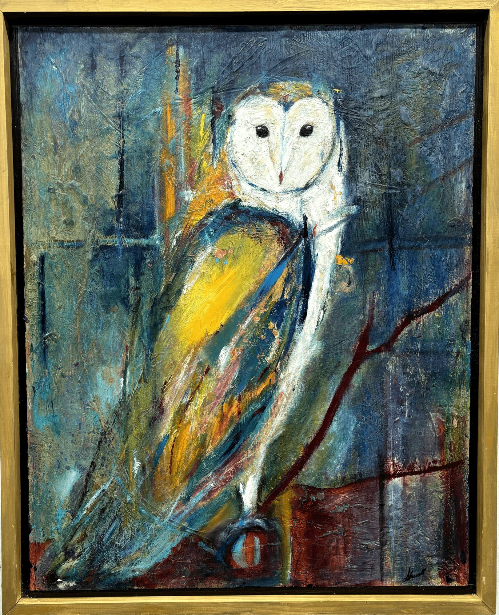 Painting of an owl perched on a branch with abstract background, using bold colors and brushstrokes.