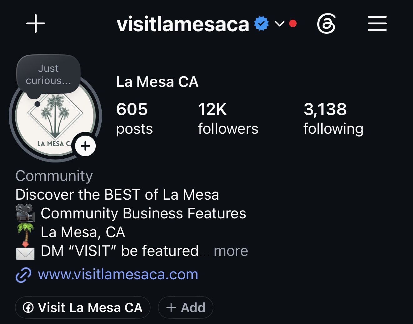 Instagram profile page for visitlamesaca showing location, posts, followers, following, and community features.