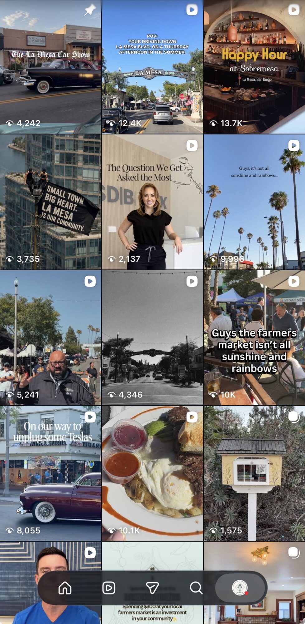 Collage of various images including a bus, a sign, a person, palm trees, a sunset, a motorcycle, food, and a house, with 20 words or fewer.