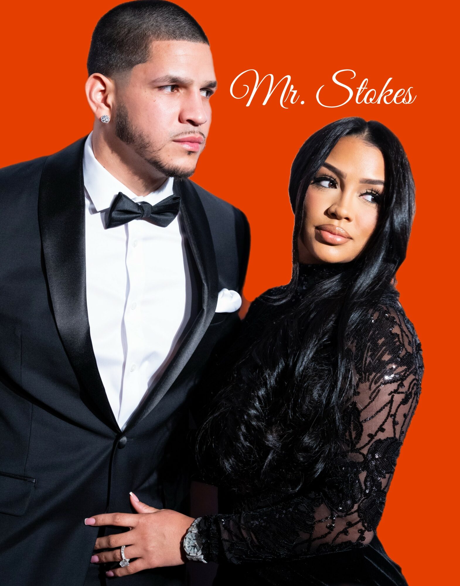 Man in tuxedo and woman in black lace dress pose against orange background, with 'Mr. Stokes' written in cursive.
