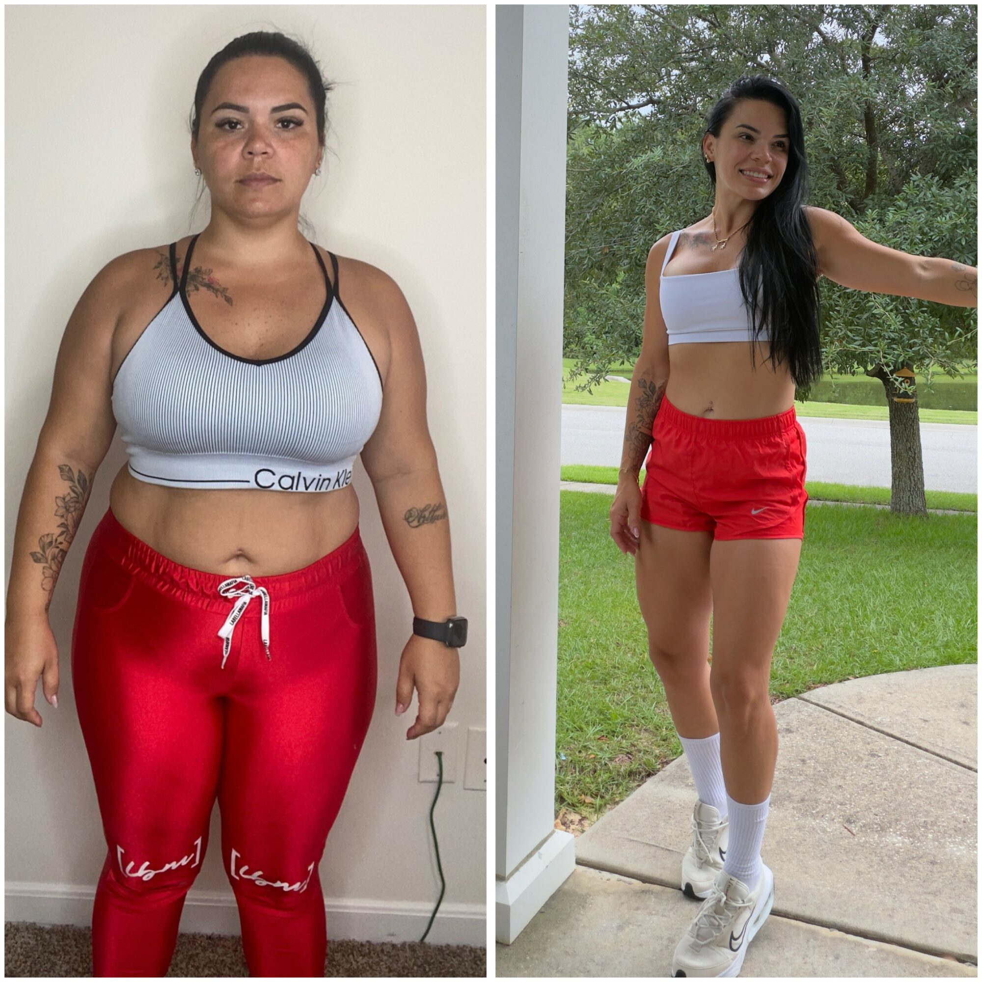 Side-by-side images of a woman, one indoors and one outdoors, wearing athletic clothing, smiling, with long dark hair, in different poses.