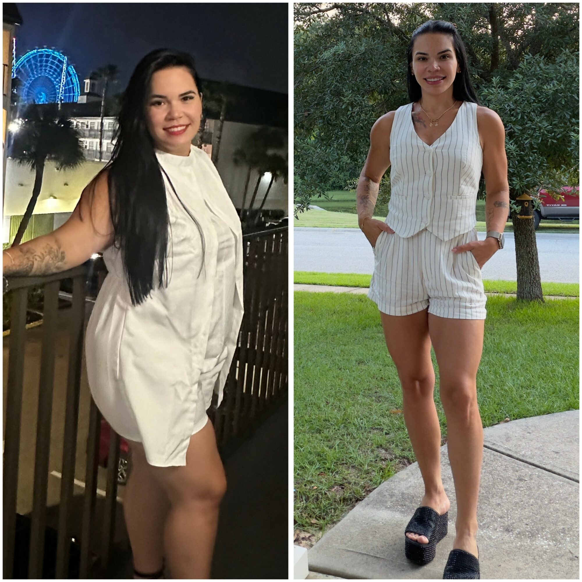 Two women outdoors, one in a white dress at night, the other in a white striped outfit during daytime, both smiling.