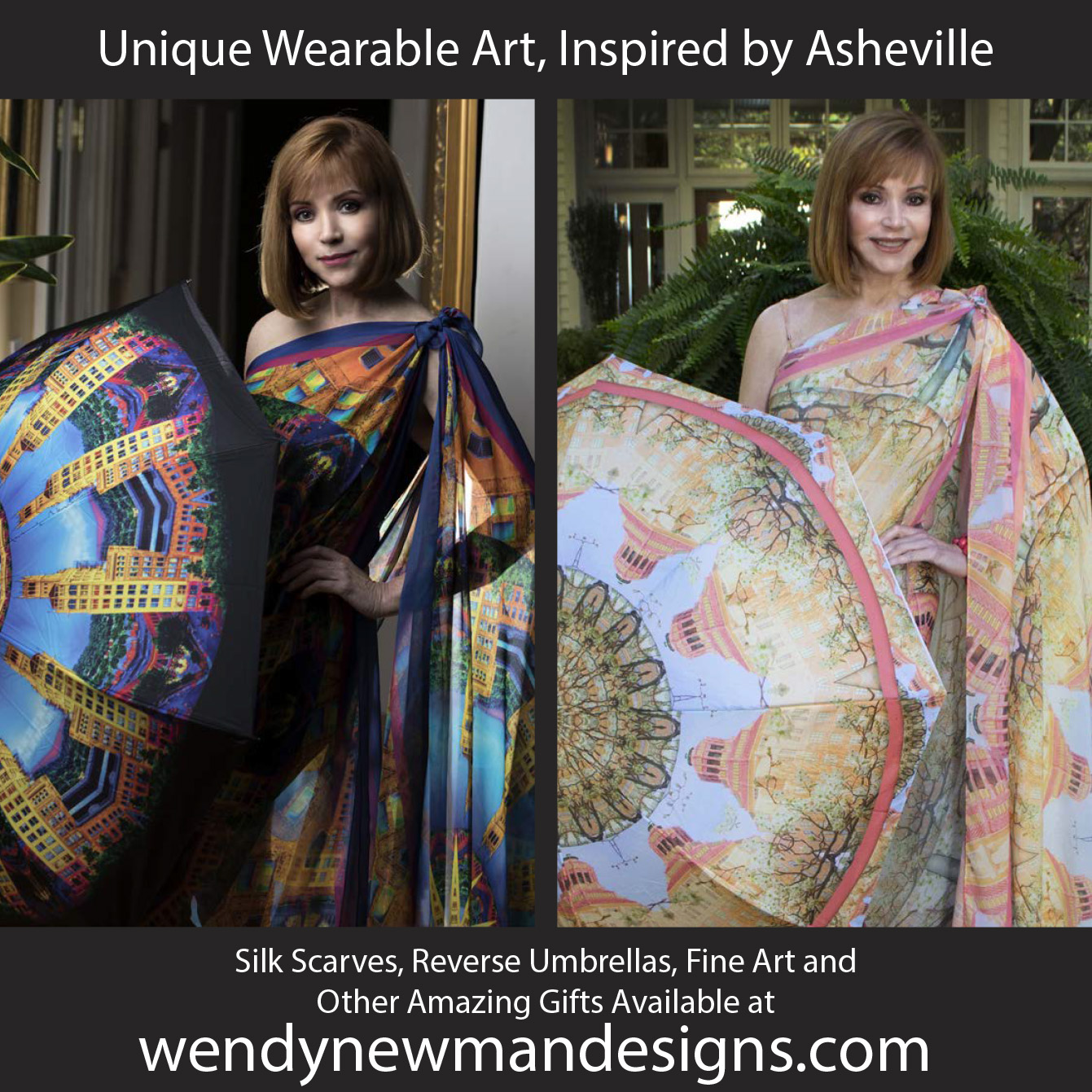 Two women wear colorful silk scarves and hold umbrellas with intricate designs, standing indoors and outdoors respectively.