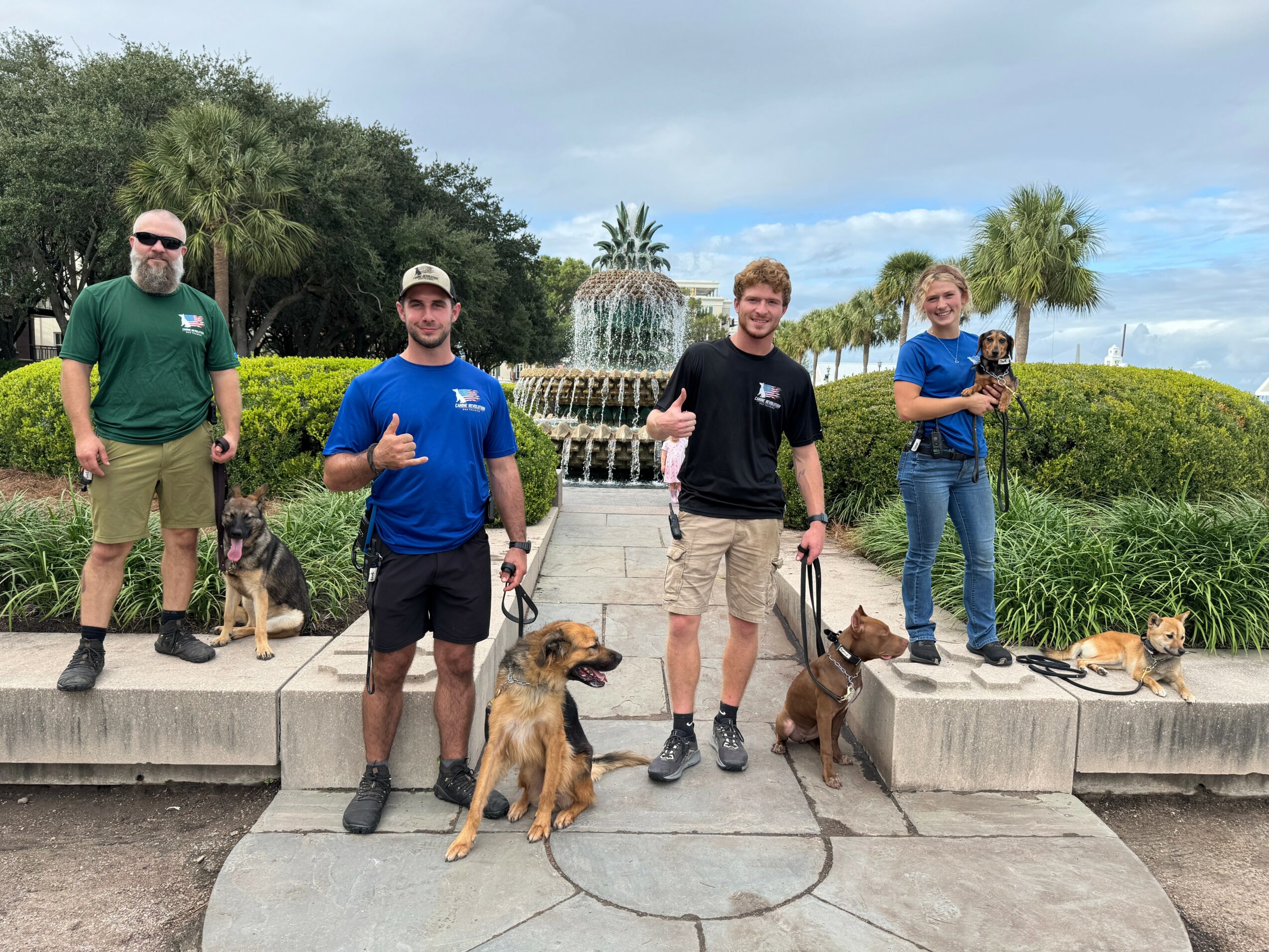 Four people with dogs standing on a stone platform in front of a fountain, trees, and a cloudy sky.