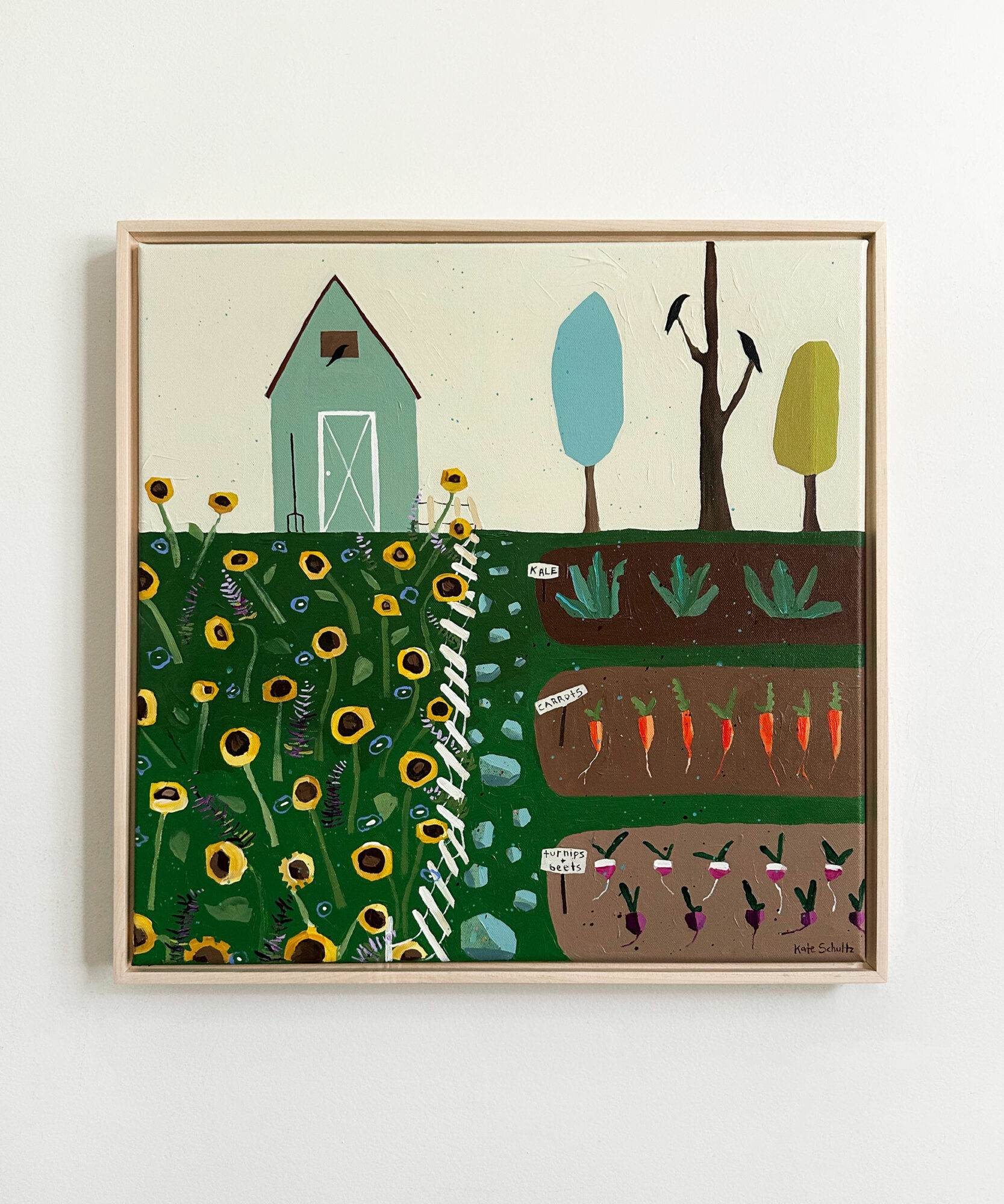 Illustration of a garden with a house, trees, and vegetable beds, featuring sunflowers and carrots.