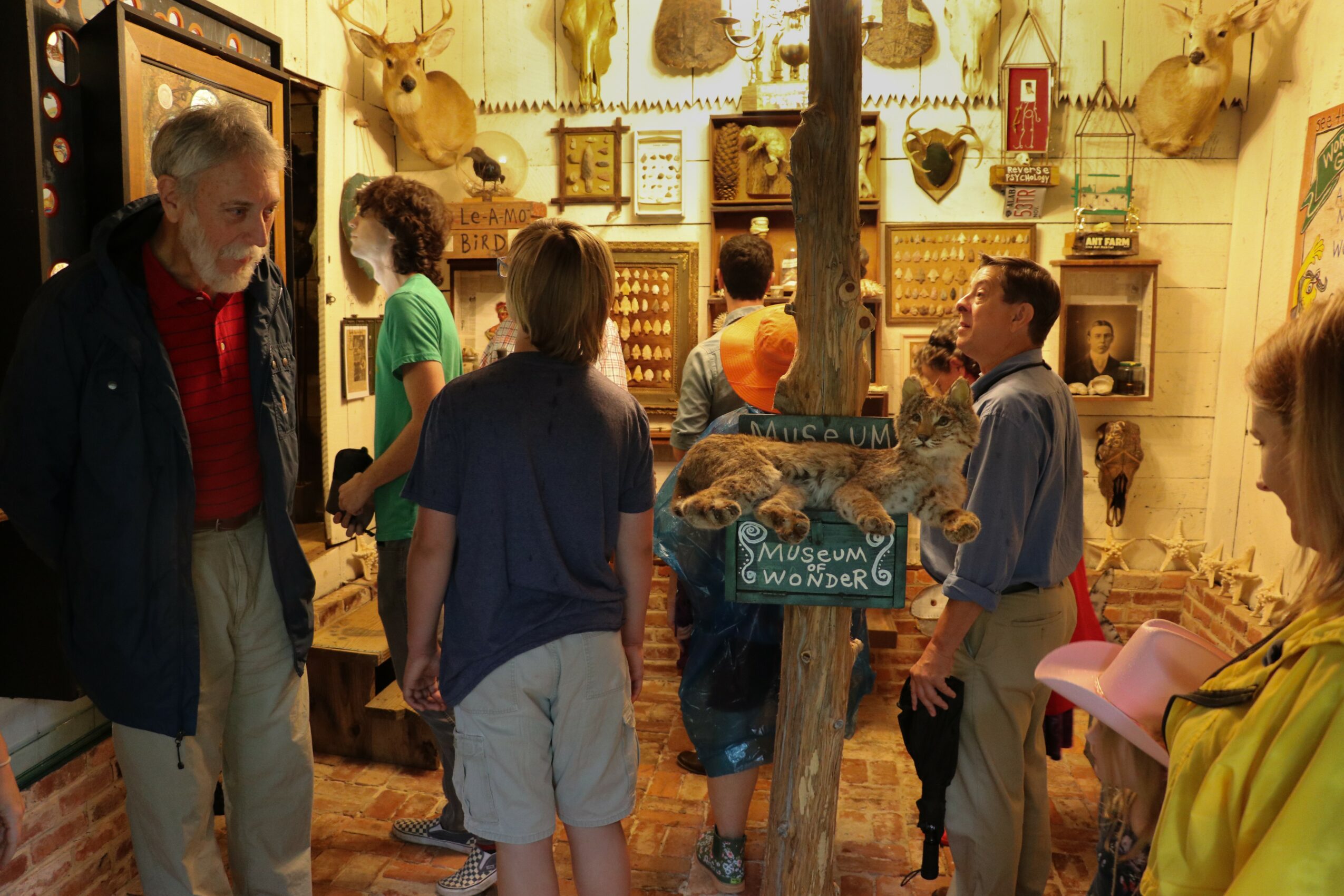 Group of people inside a store with animal mounts and wooden shelves, some looking at items and others talking.