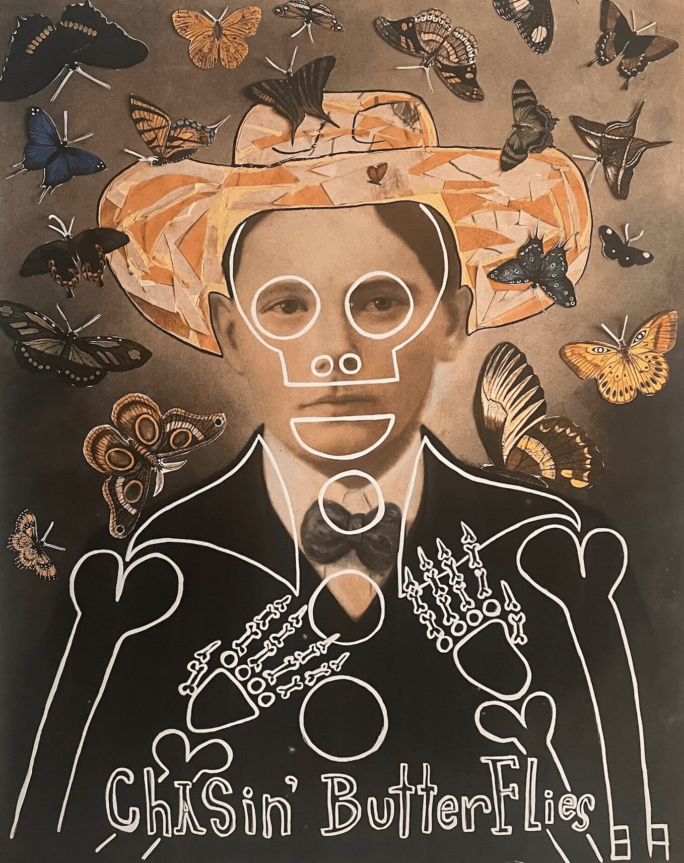 Outline of a person with glasses, surrounded by colorful butterflies and a hat with a butterfly pattern, against a dark background.