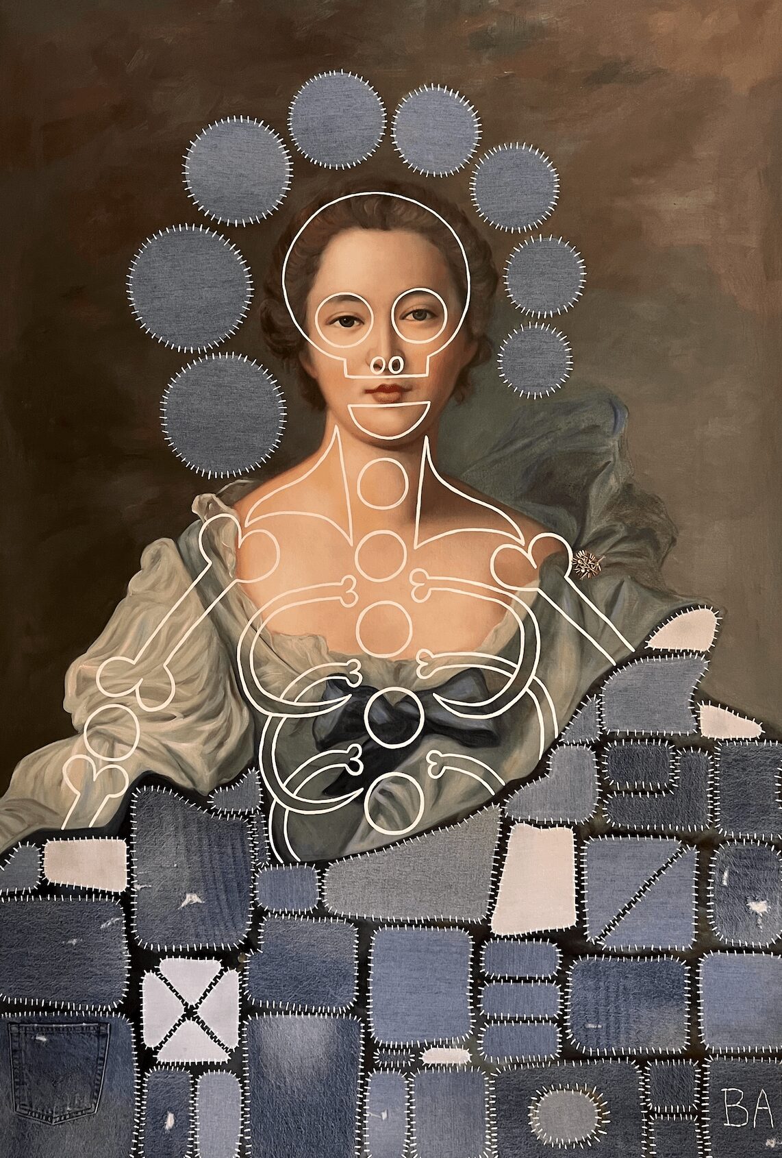 Portrait of a woman with digital overlay of geometric shapes and circles around her head, wearing a patterned top.