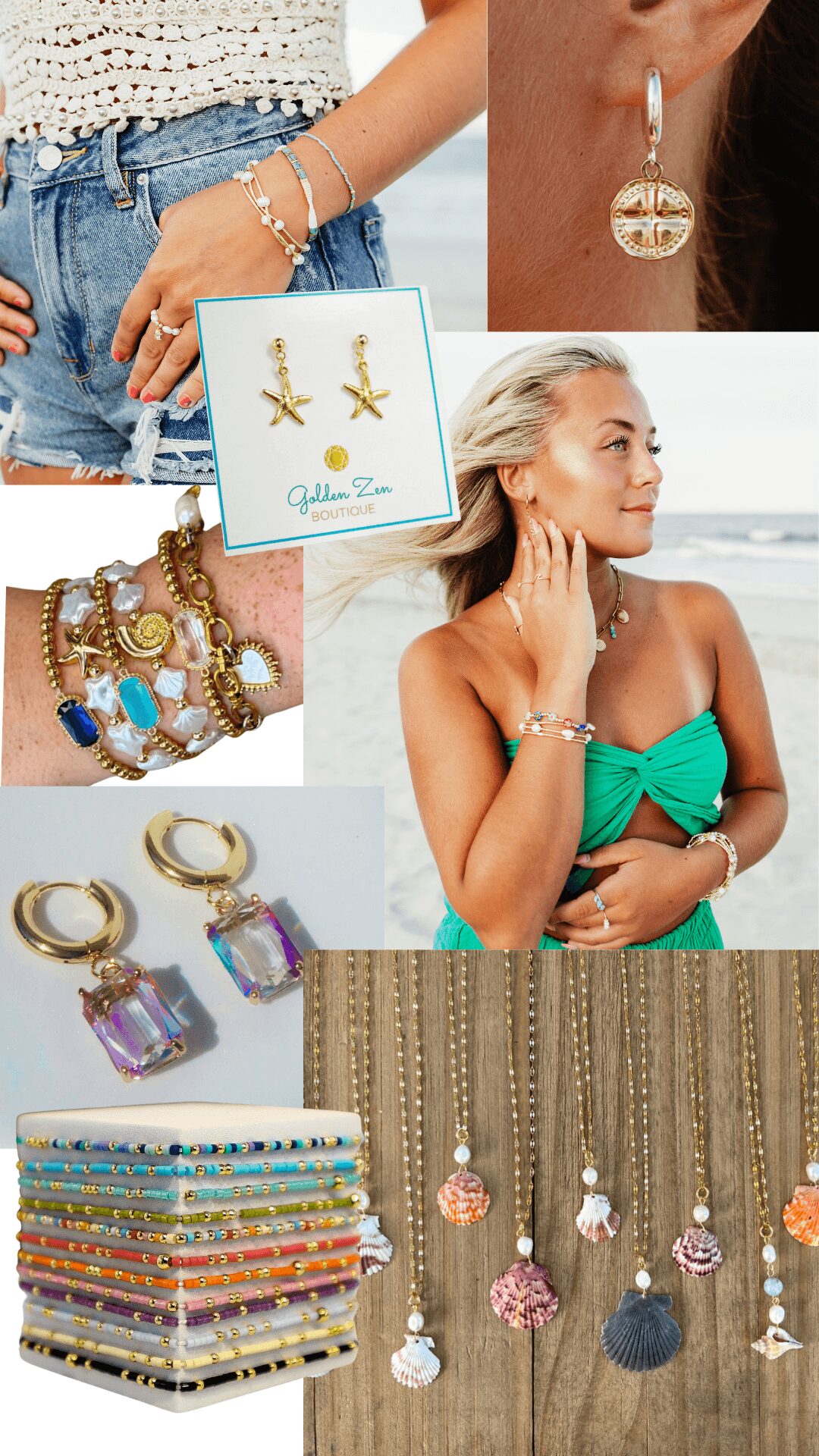 Collage of jewelry including earrings, bracelets, necklaces, and rings, with a woman wearing a green top and beach background.