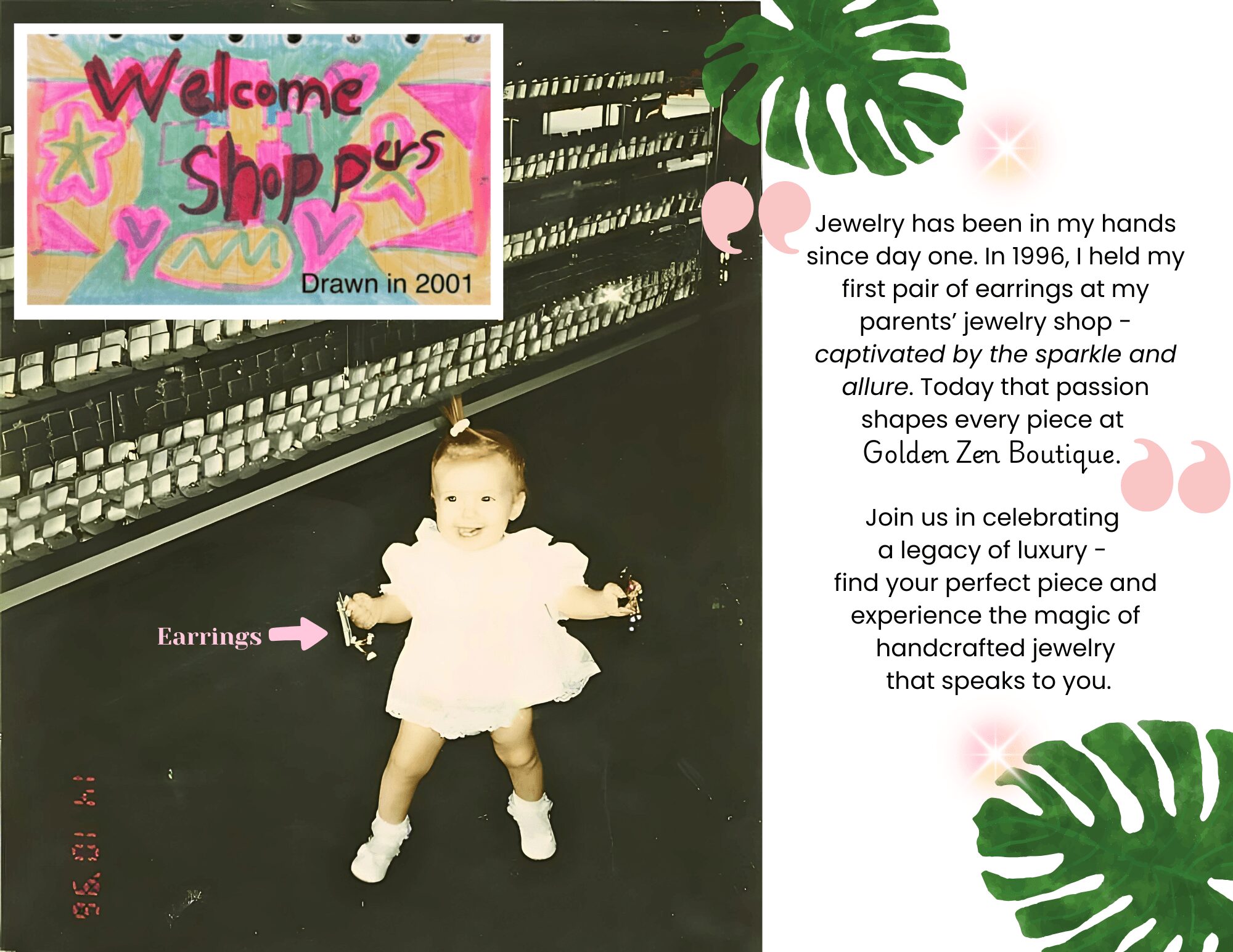 Child in white dress standing in front of a colorful shopping mall sign, with decorative leaves and pink flowers on the right.
