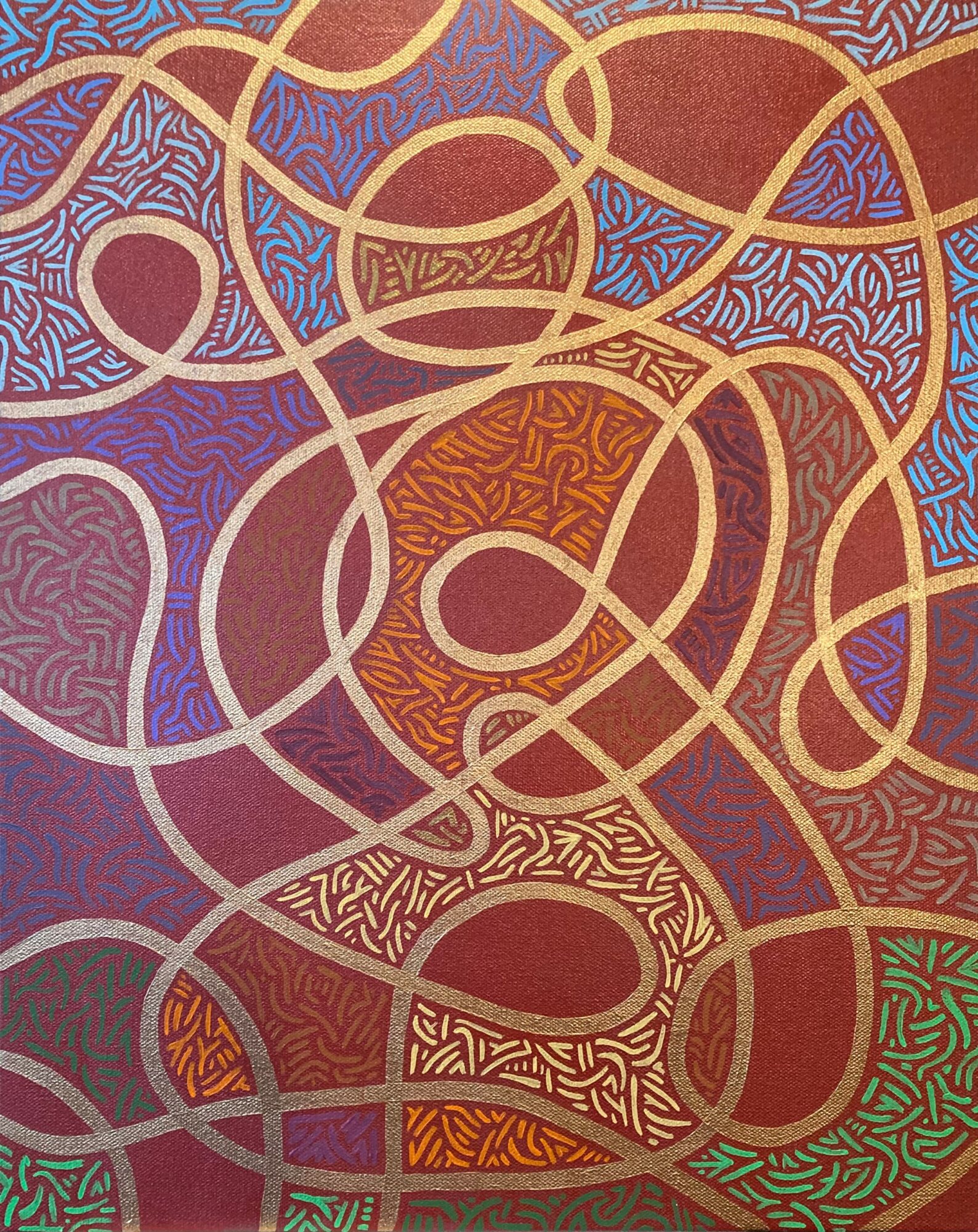 Abstract artwork with intertwined lines and various textured shapes in warm colors, including red, orange, purple, and green.