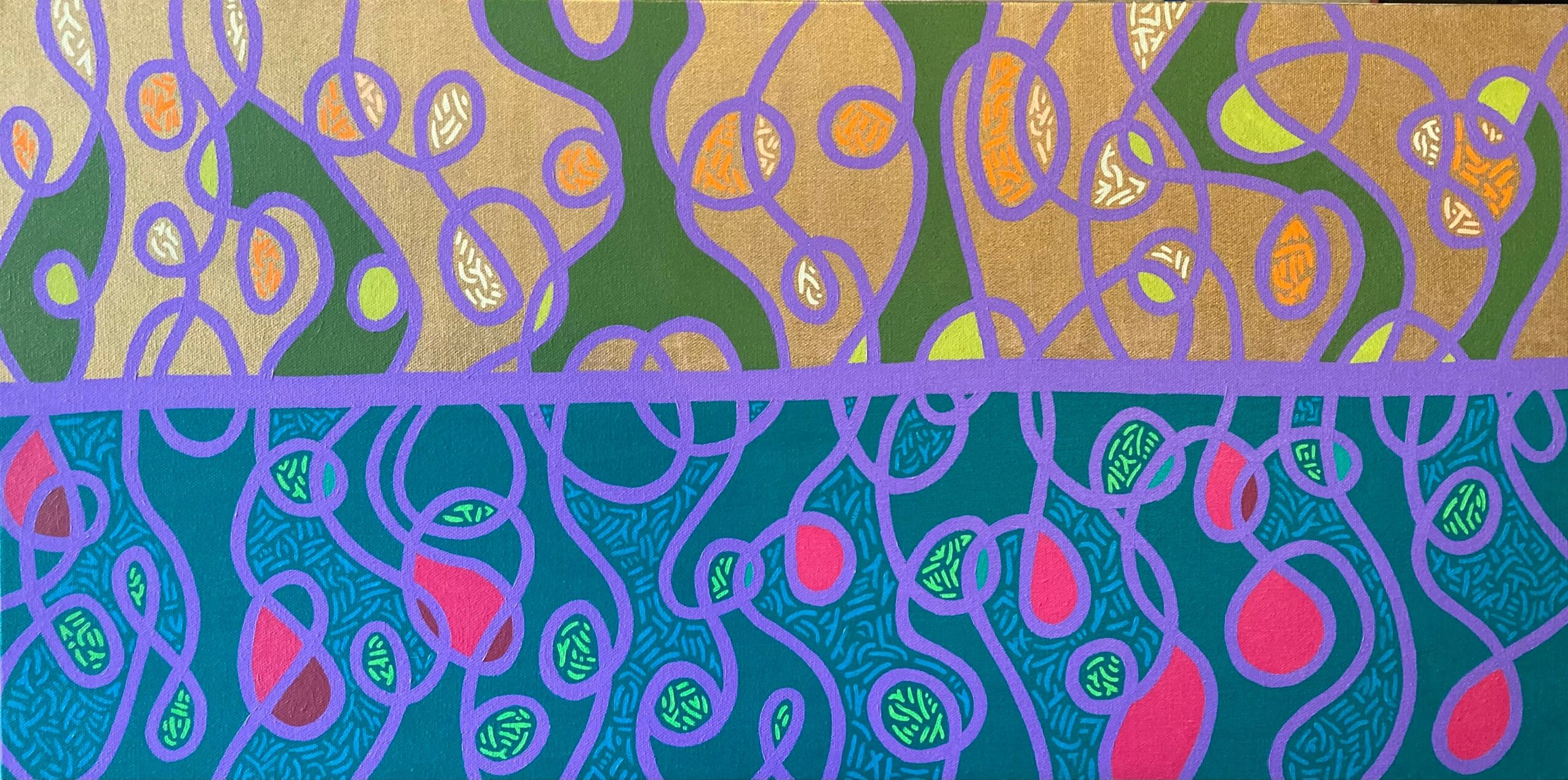 Abstract colorful pattern with intertwined shapes and lines, divided by a horizontal line, with vibrant colors and looping designs.