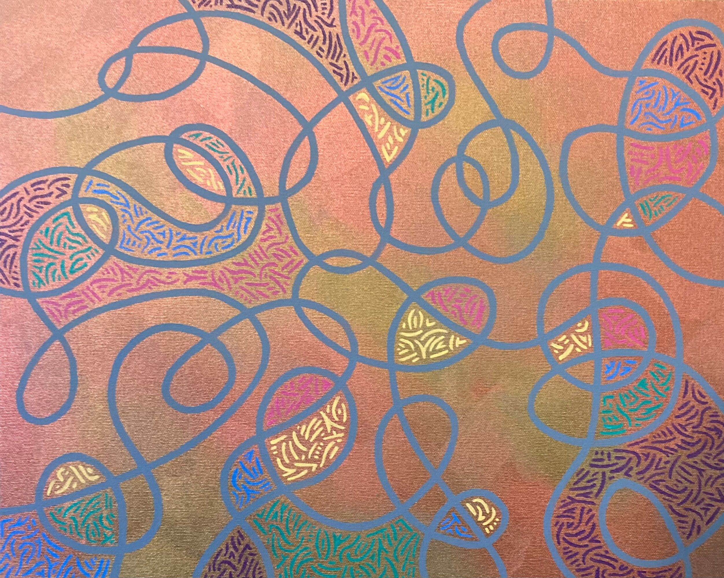Abstract pattern with colorful, intricate shapes and looping lines on a textured background.
