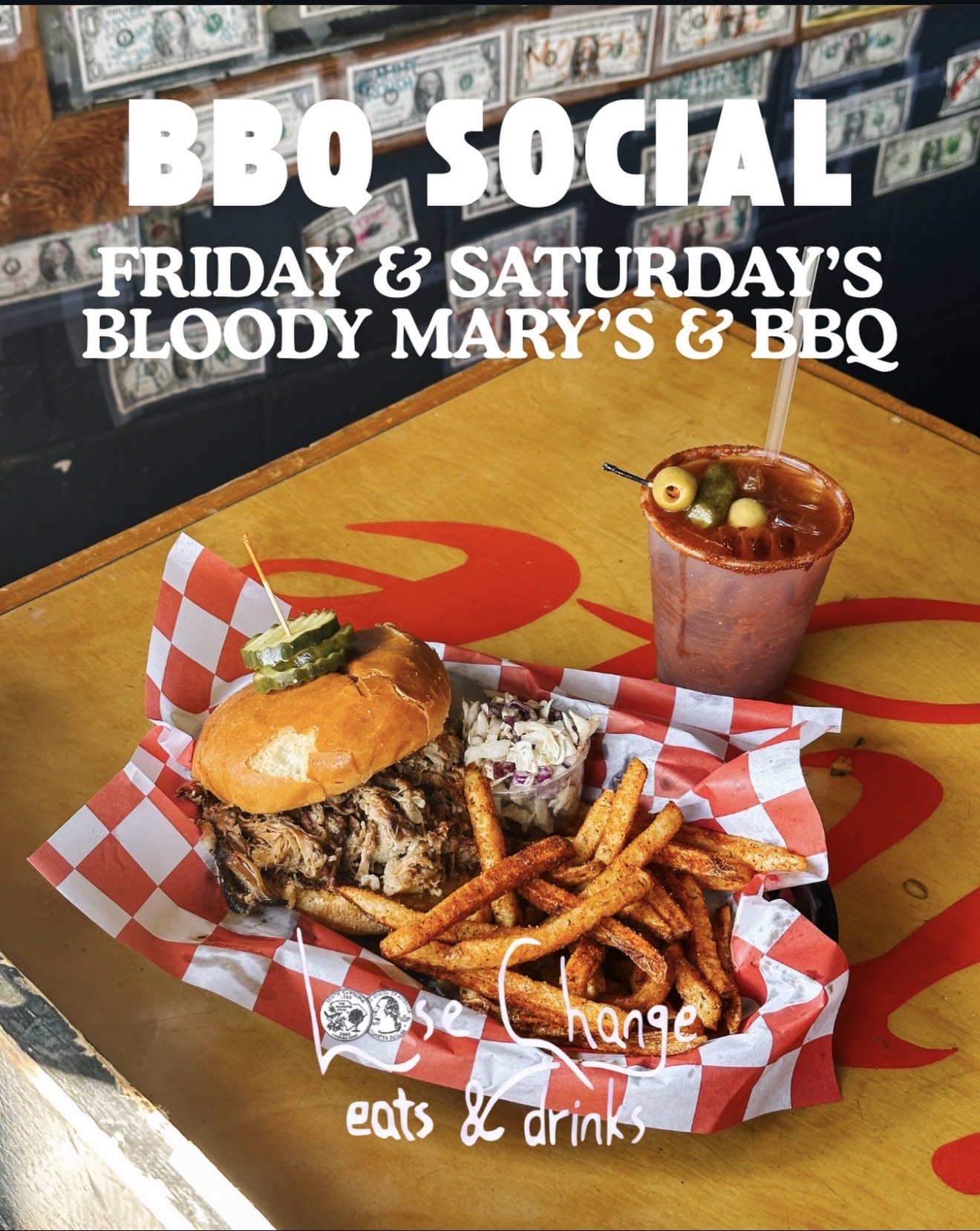 Burger with fries and a drink on checkered paper in a basket, with a bar in the background, promoting BBQ social event.
