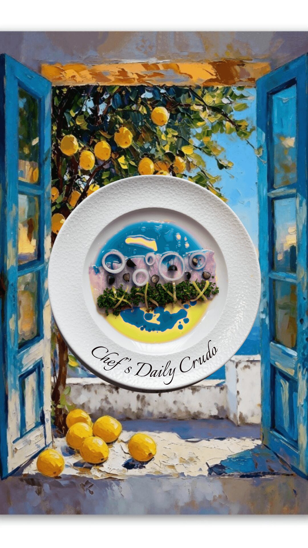 Open blue window with lemon tree outside, plate with fish and lemons, and text 'Chef's Daily Cru'.