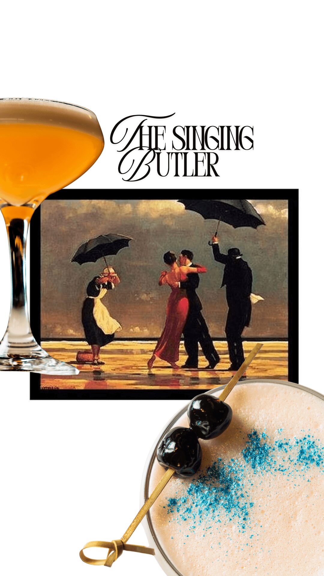 Poster for 'The Singing Butler' showing a couple dancing with two people holding umbrellas on a beach, with a drink and sunglasses in foreground.