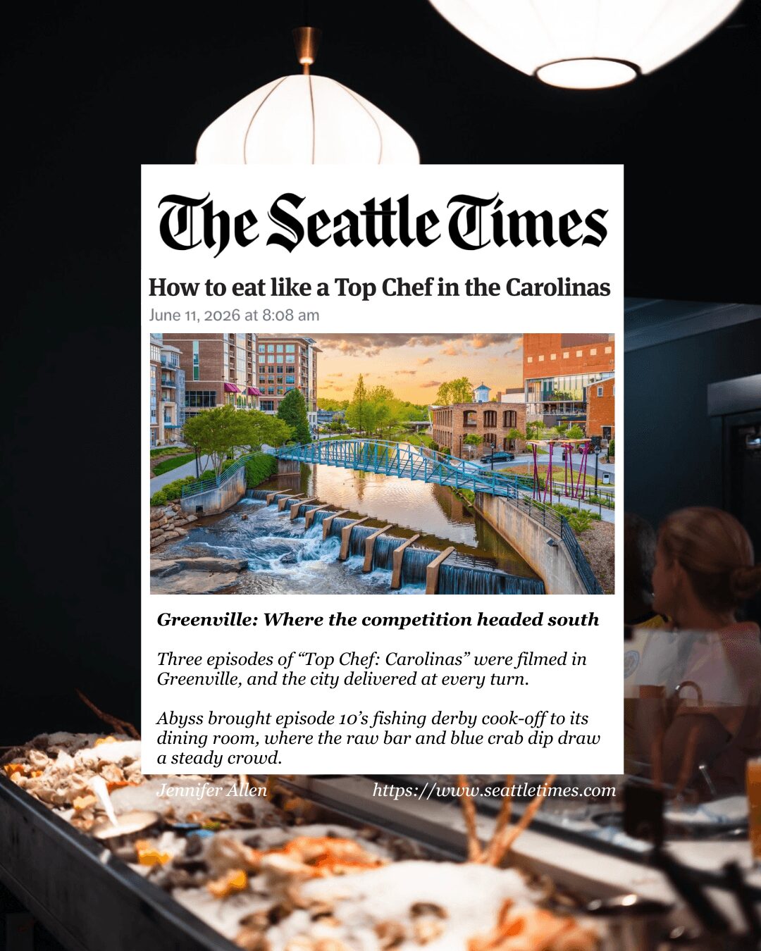 Front page of The Seattle Times with a headline about eating like a top chef, featuring a cityscape with a river and buildings, and a person in the foreground.