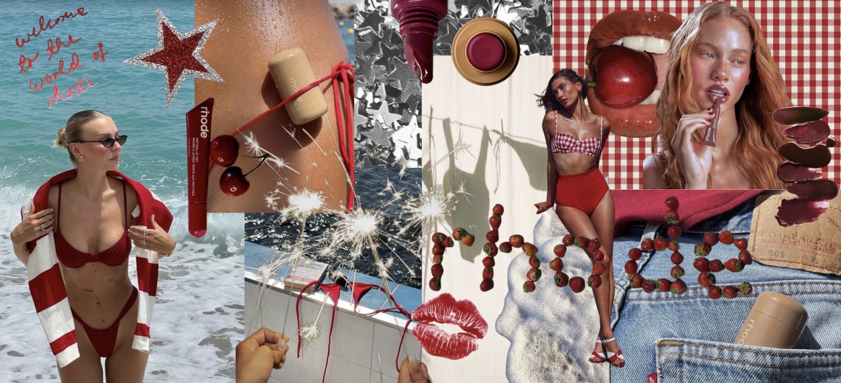 Collage of summer and beach scenes with women, drinks, and accessories, including a woman in a swimsuit, sunglasses, and a pool. Word 'love' written.