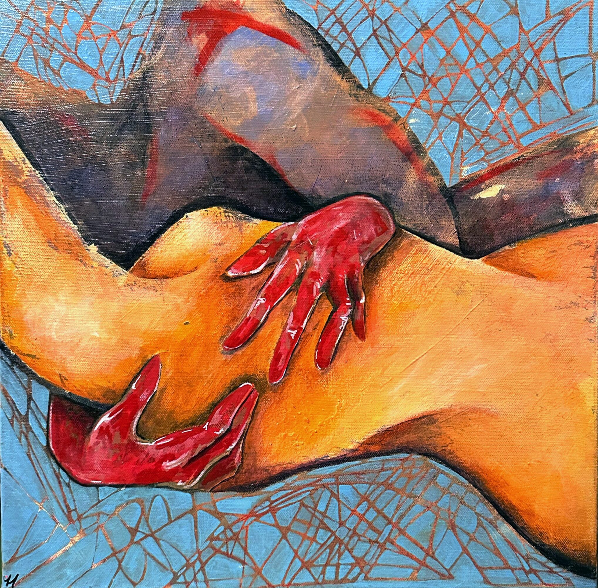 Two hands, one red and one dark, grasp a person's waist against a blue background with orange and red accents.