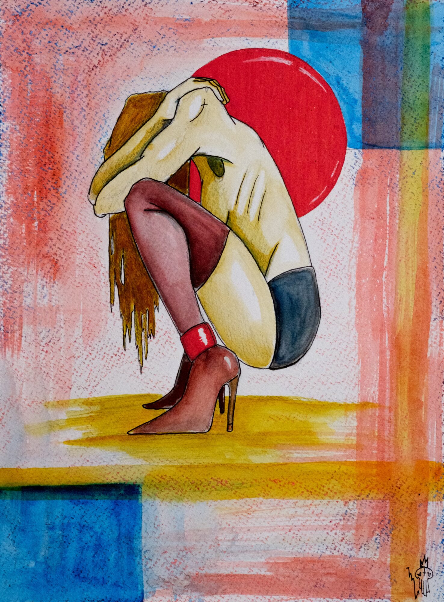 A woman with long hair, wearing high heels, shorts, and a hat, is crouching with her arms over her head, against a colorful abstract background.