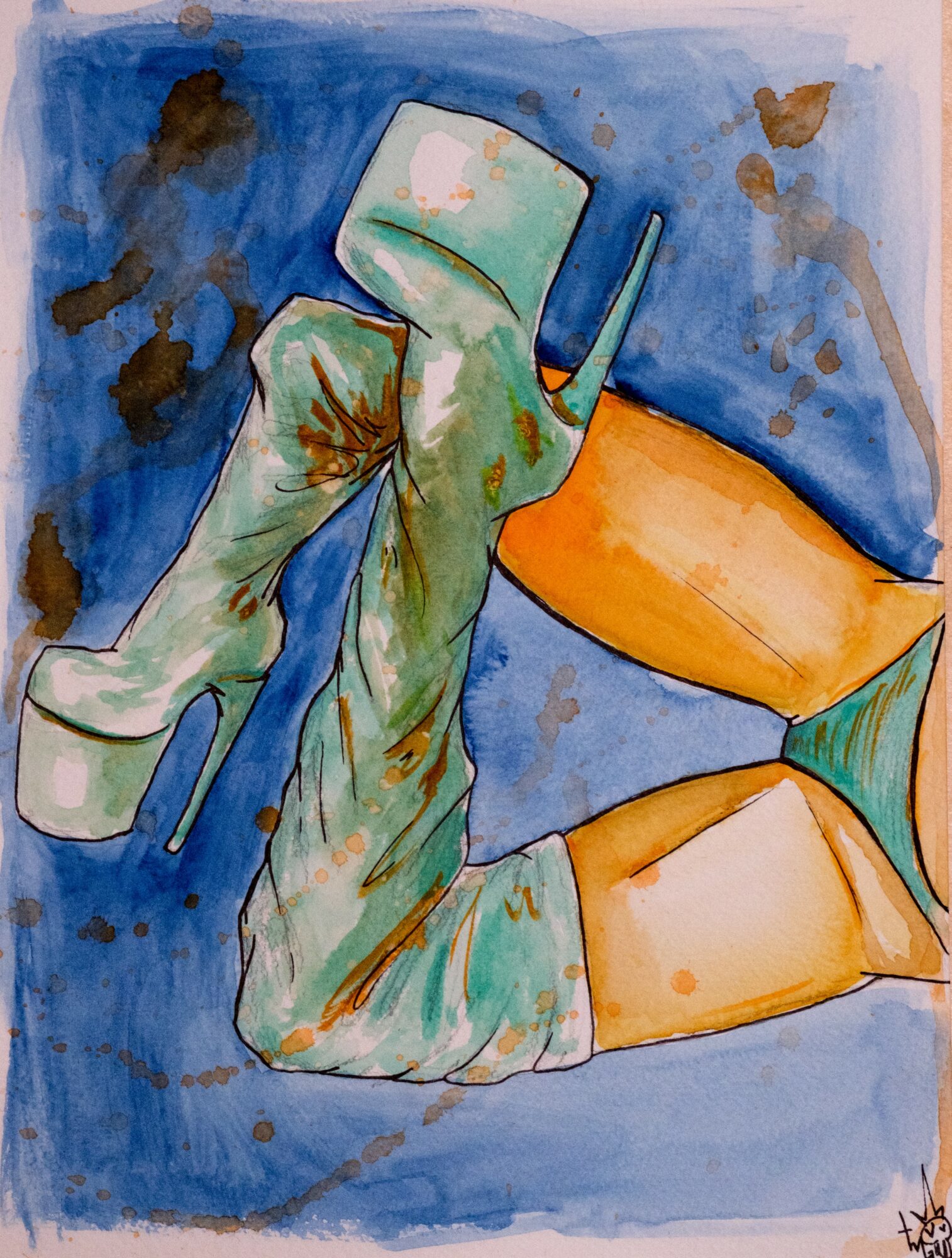 Person lying on their side with legs crossed, holding a smartphone, surrounded by blue and orange colors.