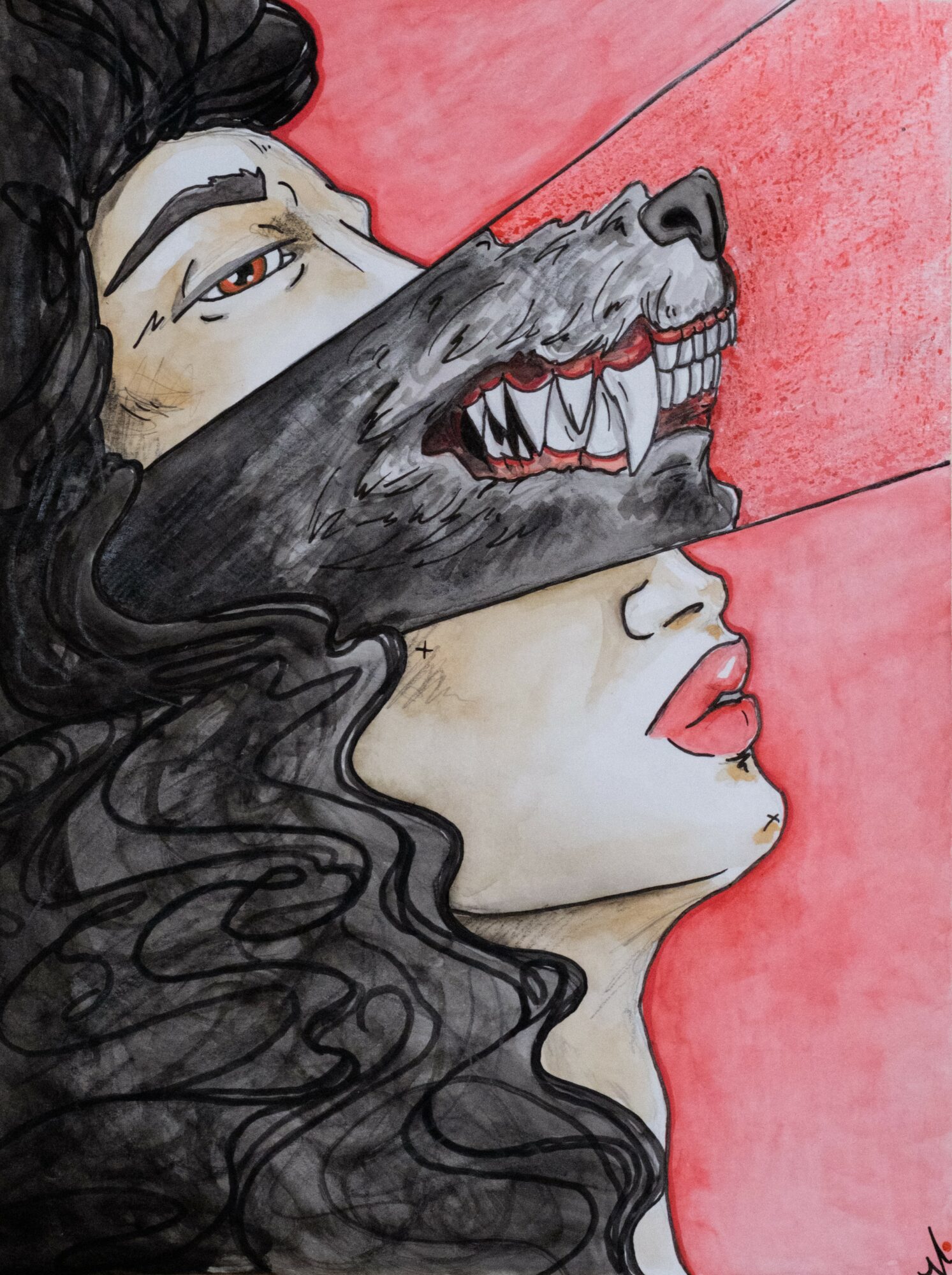 A woman with long, curly black hair and red lips has a wolf's face overlapping her face, both smiling.