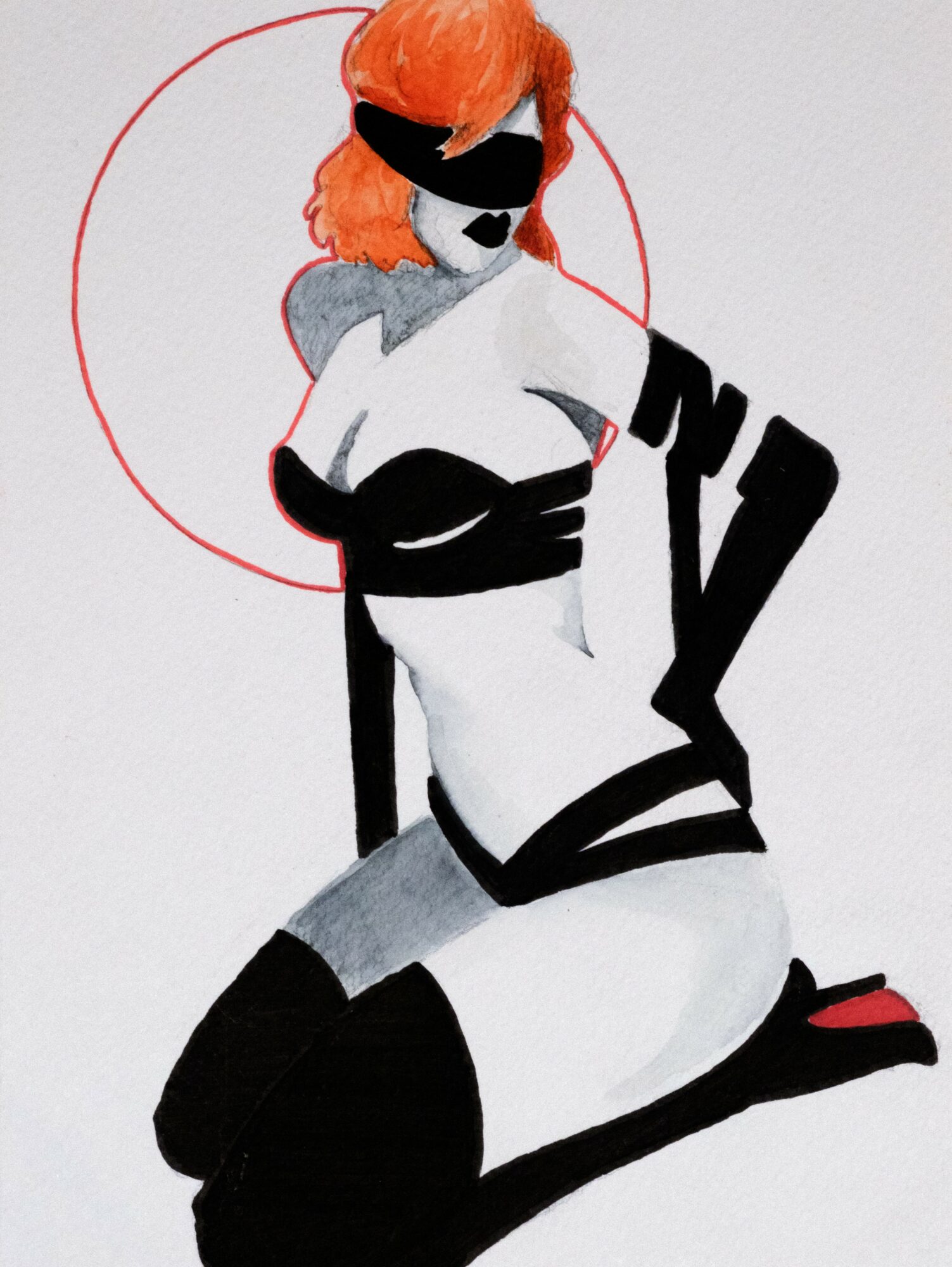 Stylized drawing of a woman with orange hair, wearing black and white clothing, and an eye mask, kneeling with one hand on her chest.
