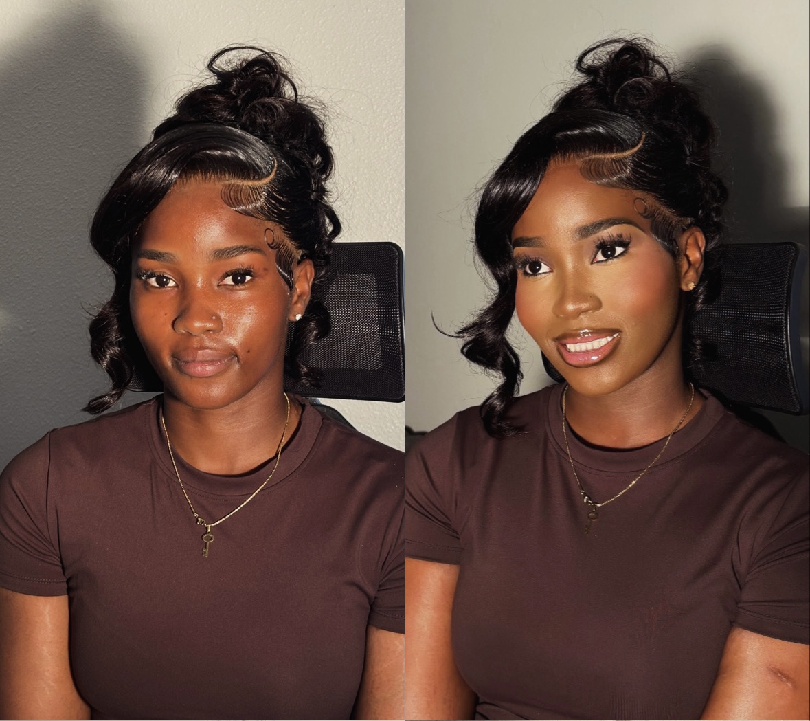 Side-by-side images of a woman with styled hair, wearing a dark shirt, smiling in the second image.