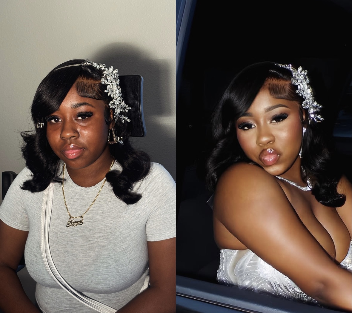 Side-by-side photos of a woman with dark hair, wearing a white dress and floral hair accessory, in different lighting.
