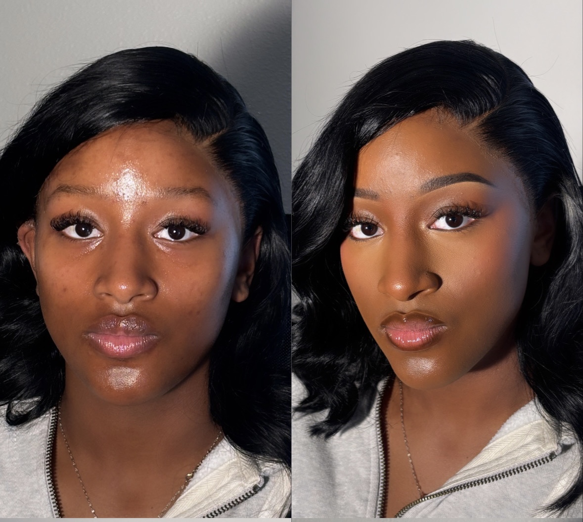 Side-by-side images of a woman with styled black hair, wearing a light-colored top, showing before and after makeup application.