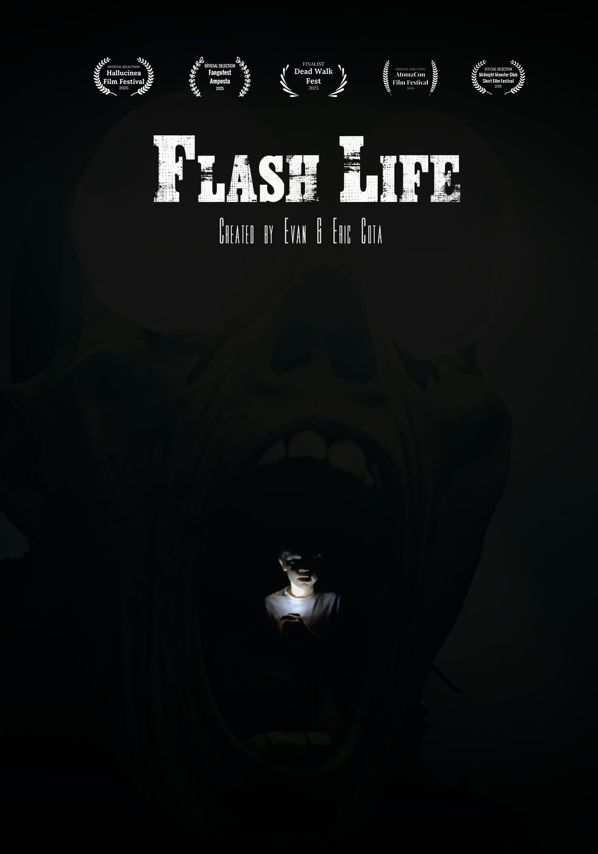 Dark poster with a screaming face and a person holding a flashlight, title 'Flash Life' and film festival laurels, low visibility.