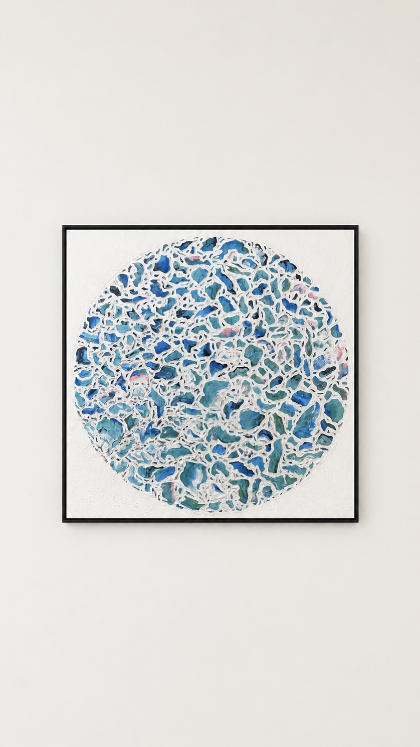 Circular abstract artwork with blue, white, and purple patterns inside a black frame on a white wall.