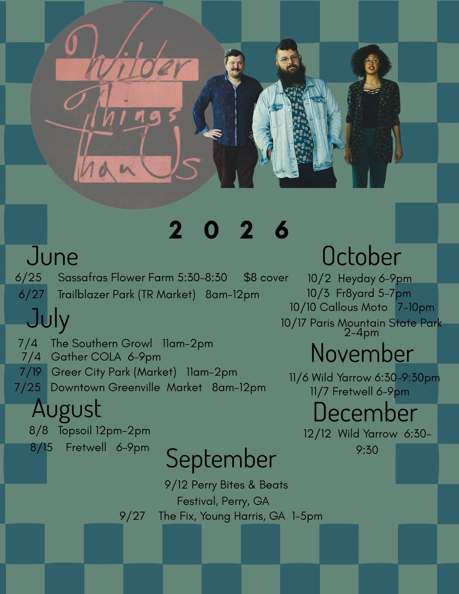 Three people standing in front of a checkered background with text and dates, promoting a music event series.