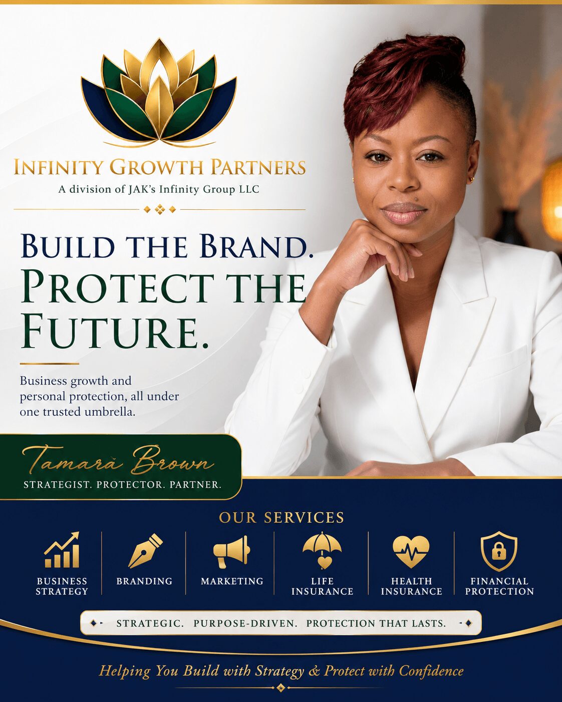 Professional woman in white blazer with short red hair, smiling, with a business-themed background and logo. 20 words.