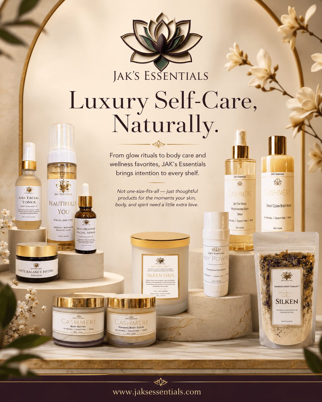 Display of luxury self-care products with a lotus flower logo, flowers, and a sign about natural self-care, on a round table.