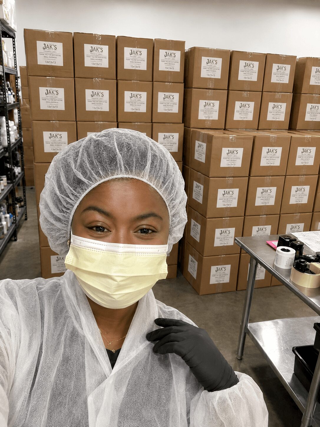 Person wearing hairnet, face mask, and gloves in a storage room with stacked boxes behind.