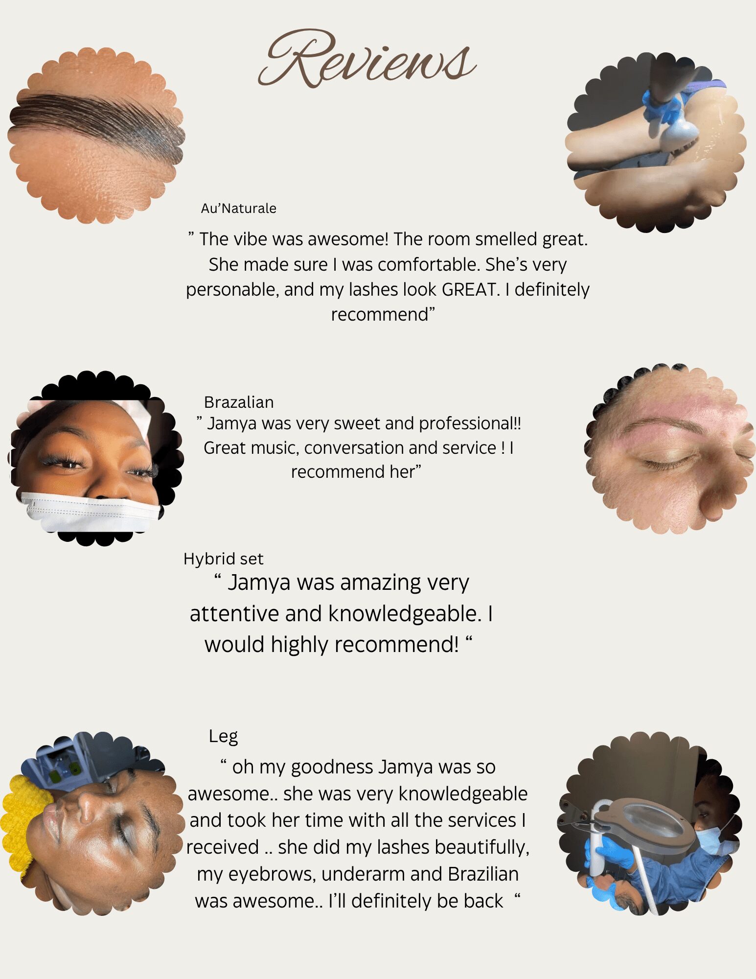 Reviews section with four customer comments and images of people receiving treatments, including a person with a mask, a person with a headband, a person with eyes closed, and a person with a head covering.