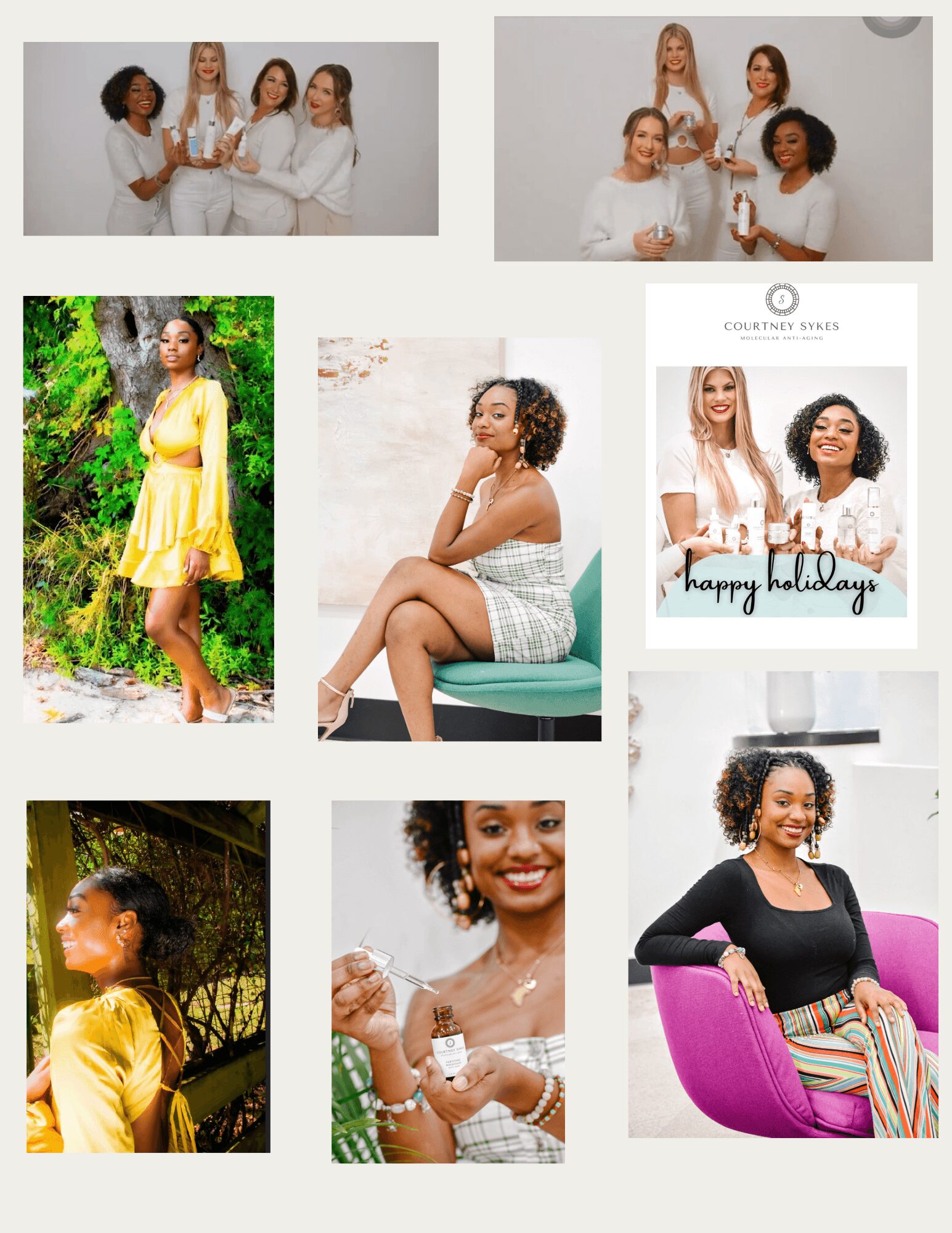 Six images of women and girls in various settings, some smiling, posing, or holding objects, with diverse backgrounds and outfits.