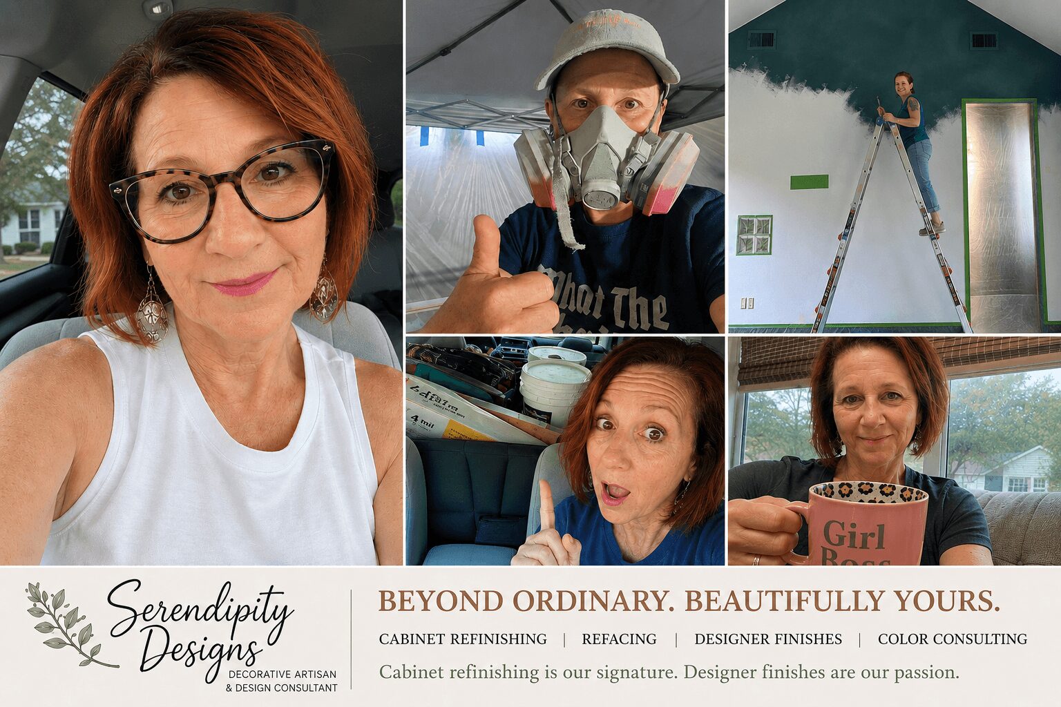 Collage of six images: woman with glasses, person with mask and hat, person on ladder painting wall, woman with surprised expression, woman holding a cake, woman smiling with a child, and a logo with text.