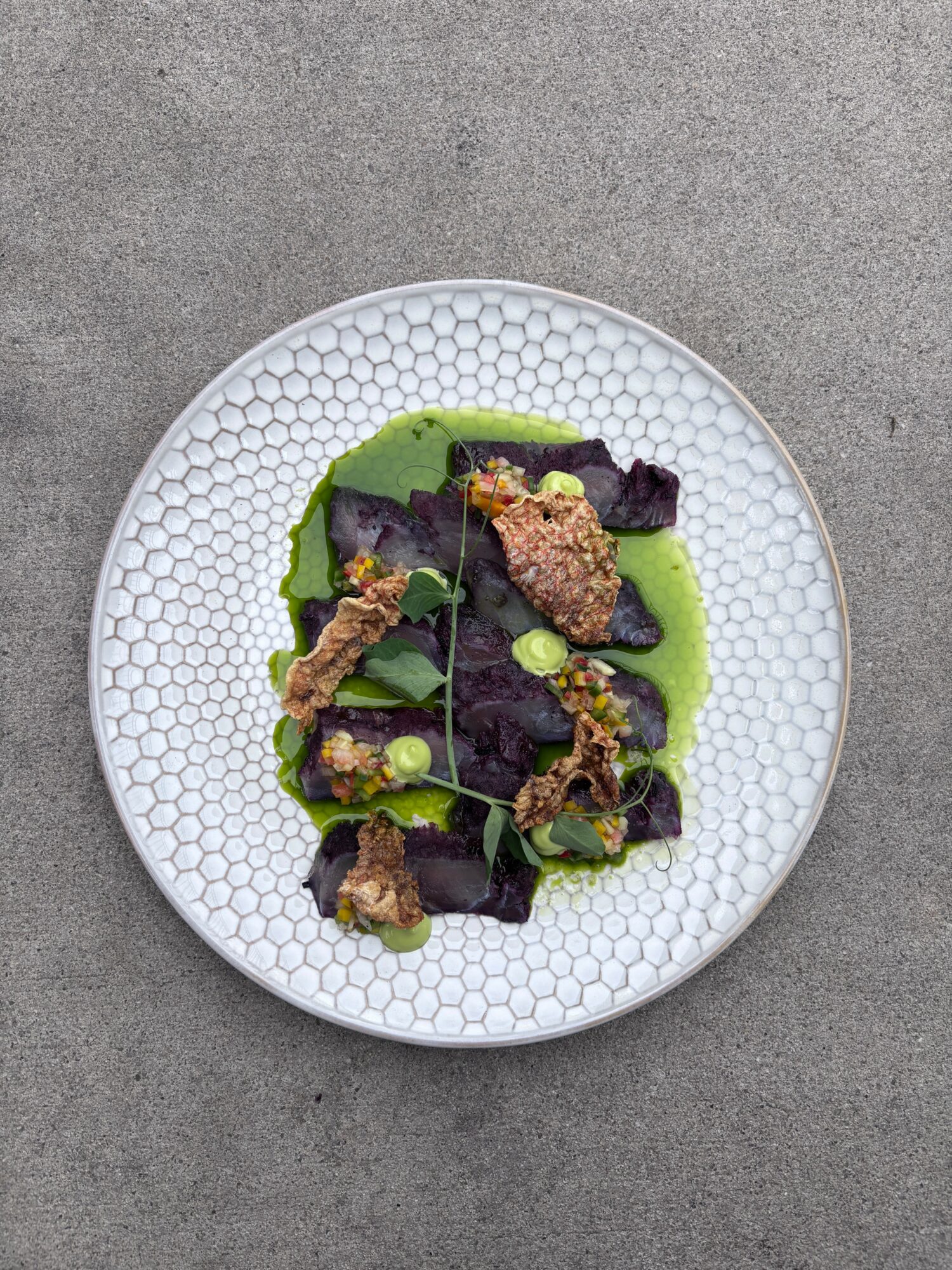 Plate with green sauce, purple vegetables, and crispy toppings on a textured gray surface.