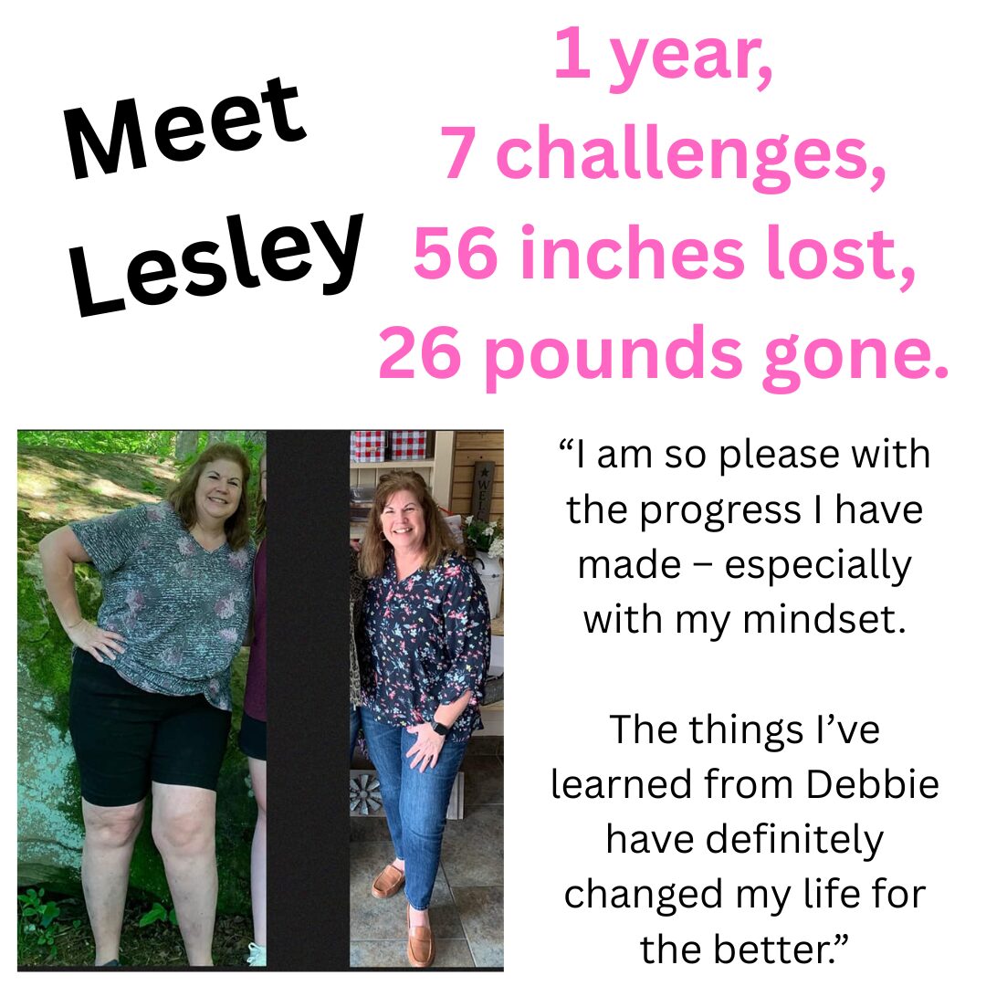 Text about Lesley's weight loss journey with two photos of her smiling outdoors and indoors.