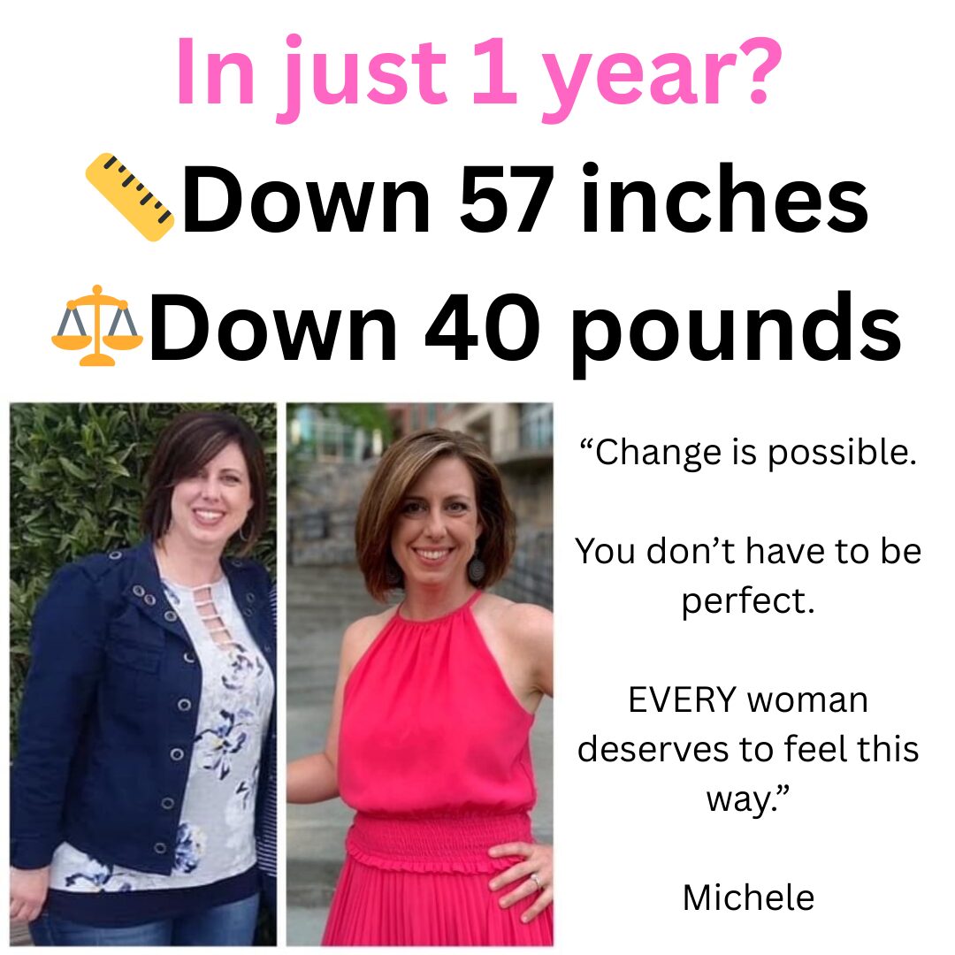 Comparison of a woman before and after weight loss, with motivational quote and text about change.
