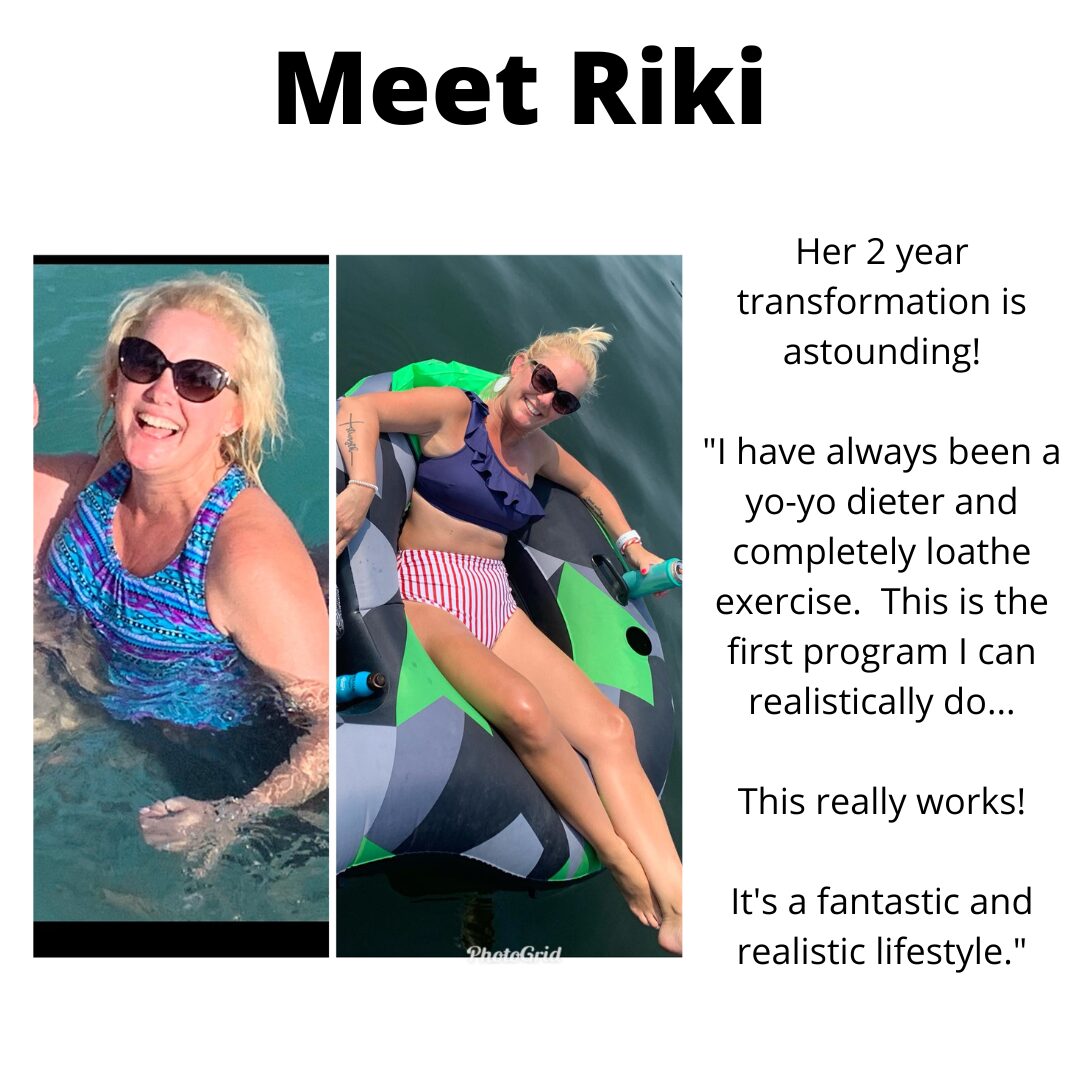 Two photos of a woman, one swimming and one on a boat, with text about her transformation and lifestyle.